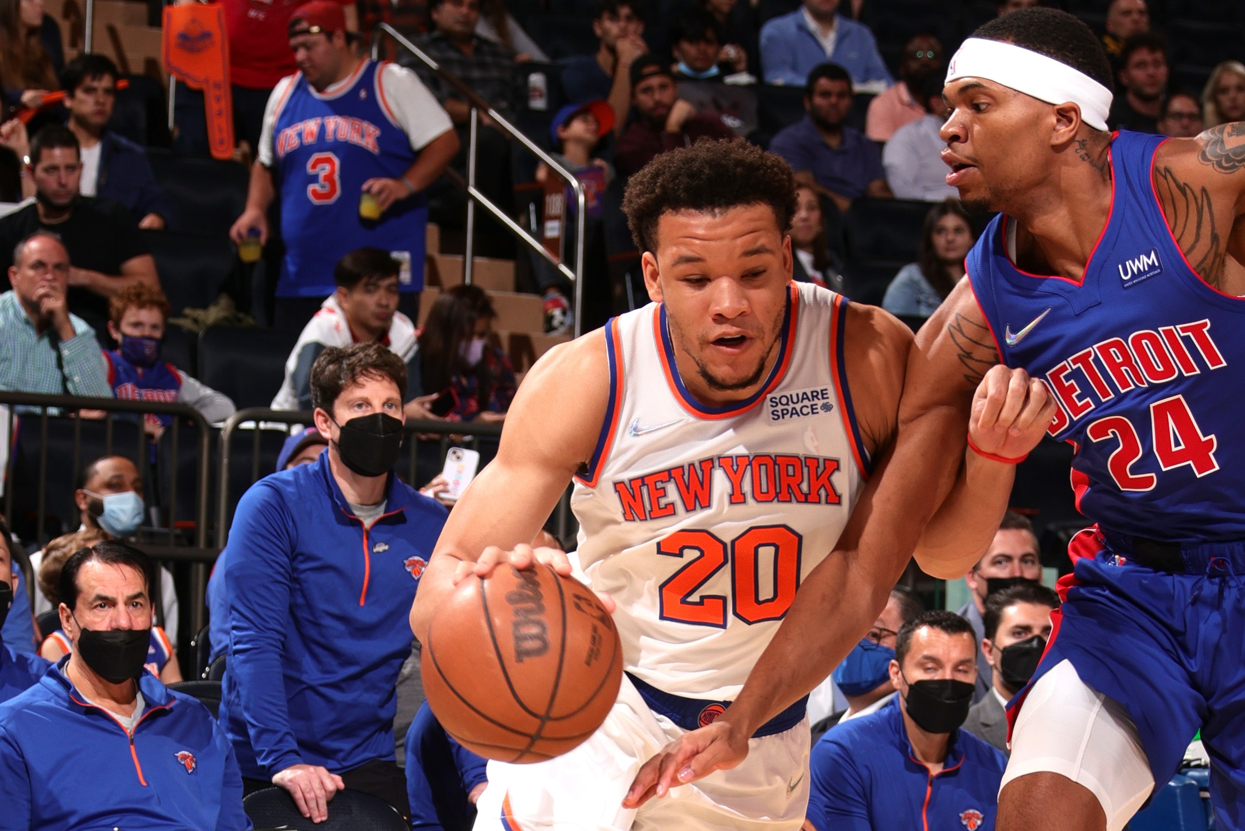 NEW YORK, NY - OCTOBER 13: Kevin Knox II #20 of the New York Knicks drives to the basket during a preseason game against the Detroit Pistons on October 13, 2021 at Madison Square Garden in New York City, New York.  NOTE TO USER: User expressly acknowledge