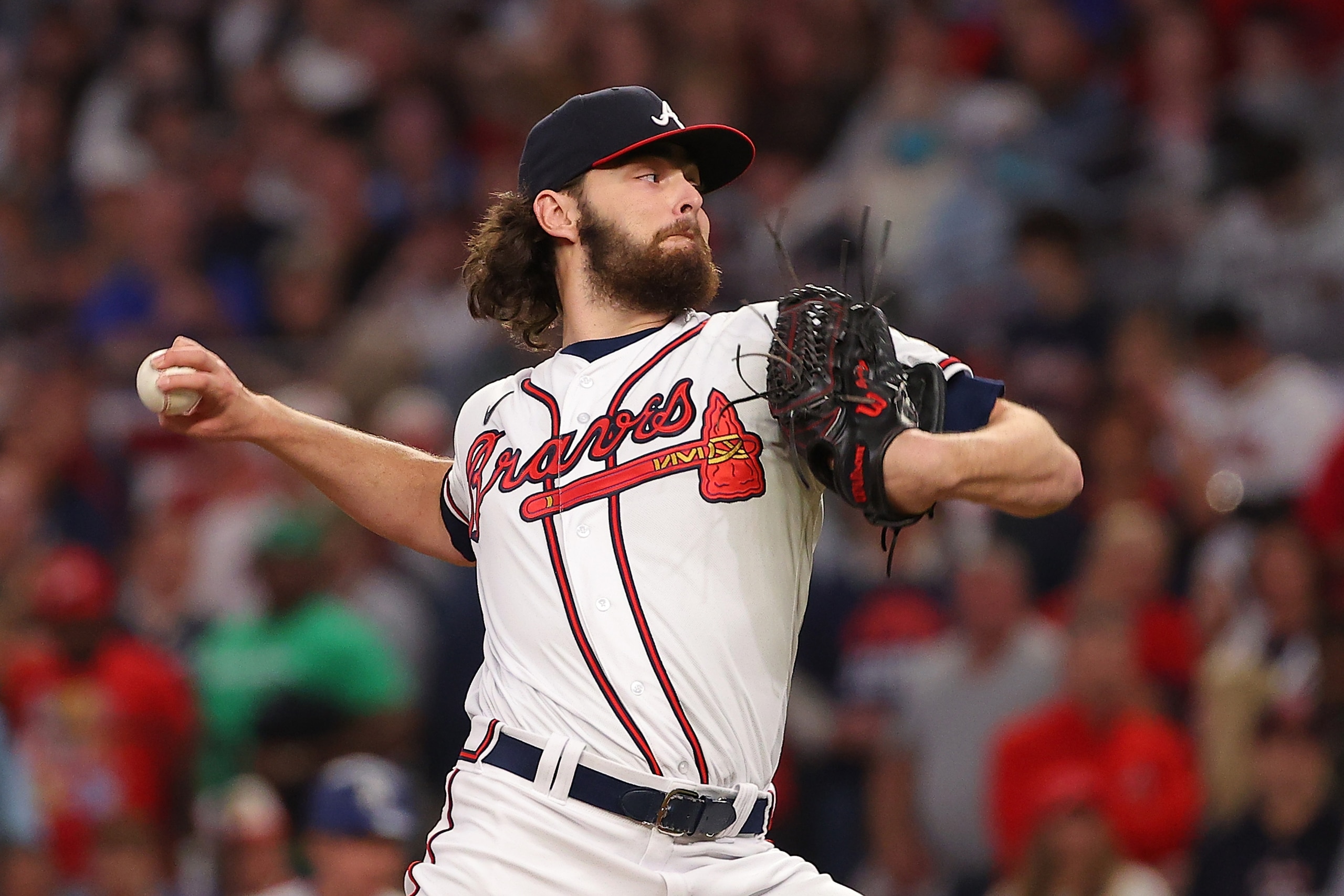 ATLANTA, GEORGIA - OCTOBER 23: Ian Anderson #36 of the Atlanta Braves throws a pitch during the first inning of Game Six of the National League Championship Series against the Los Angeles Dodgers at Truist Park on October 23, 2021 in Atlanta, Georgia. (Ph