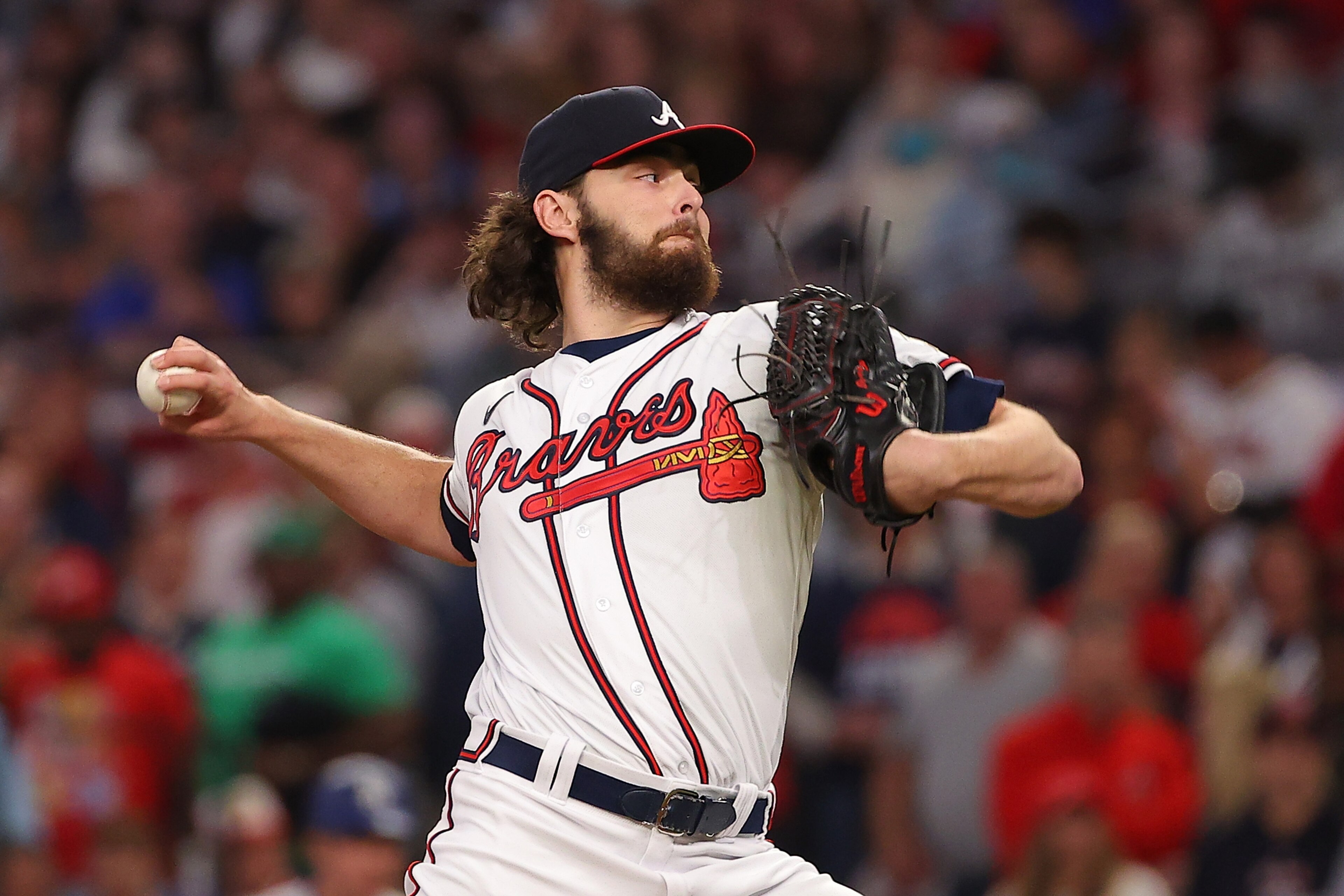 ATLANTA, GEORGIA - OCTOBER 23: Ian Anderson #36 of the Atlanta Braves throws a pitch during the first inning of Game Six of the National League Championship Series against the Los Angeles Dodgers at Truist Park on October 23, 2021 in Atlanta, Georgia. (Ph
