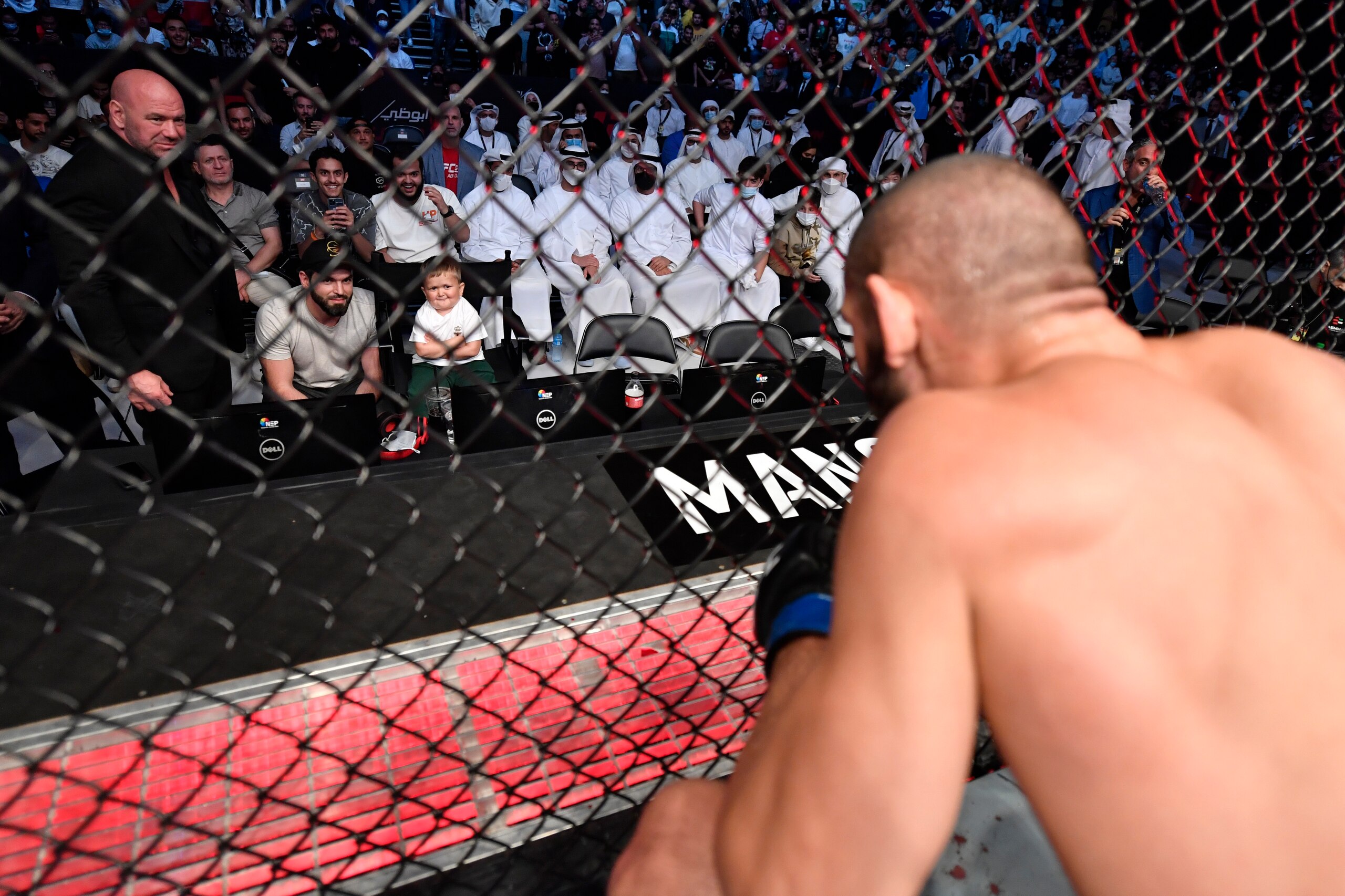 ABU DHABI, UNITED ARAB EMIRATES - OCTOBER 30: Khamzat Chimaev of Sweden speaks to Hasbulla Magomedov after his victory over Li Jingliang in a welterweight fight during the UFC 267 event at Etihad Arena on October 30, 2021 in Yas Island, Abu Dhabi, United ABU DHABI, UNITED ARAB EMIRATES - OCTOBER 30: Khamzat Chimaev of Sweden speaks to Hasbulla Magomedov after his victory over Li Jingliang in a welterweight fight during the UFC 267 event at Etihad Arena on October 30, 2021 in Yas Island, Abu Dhabi, United