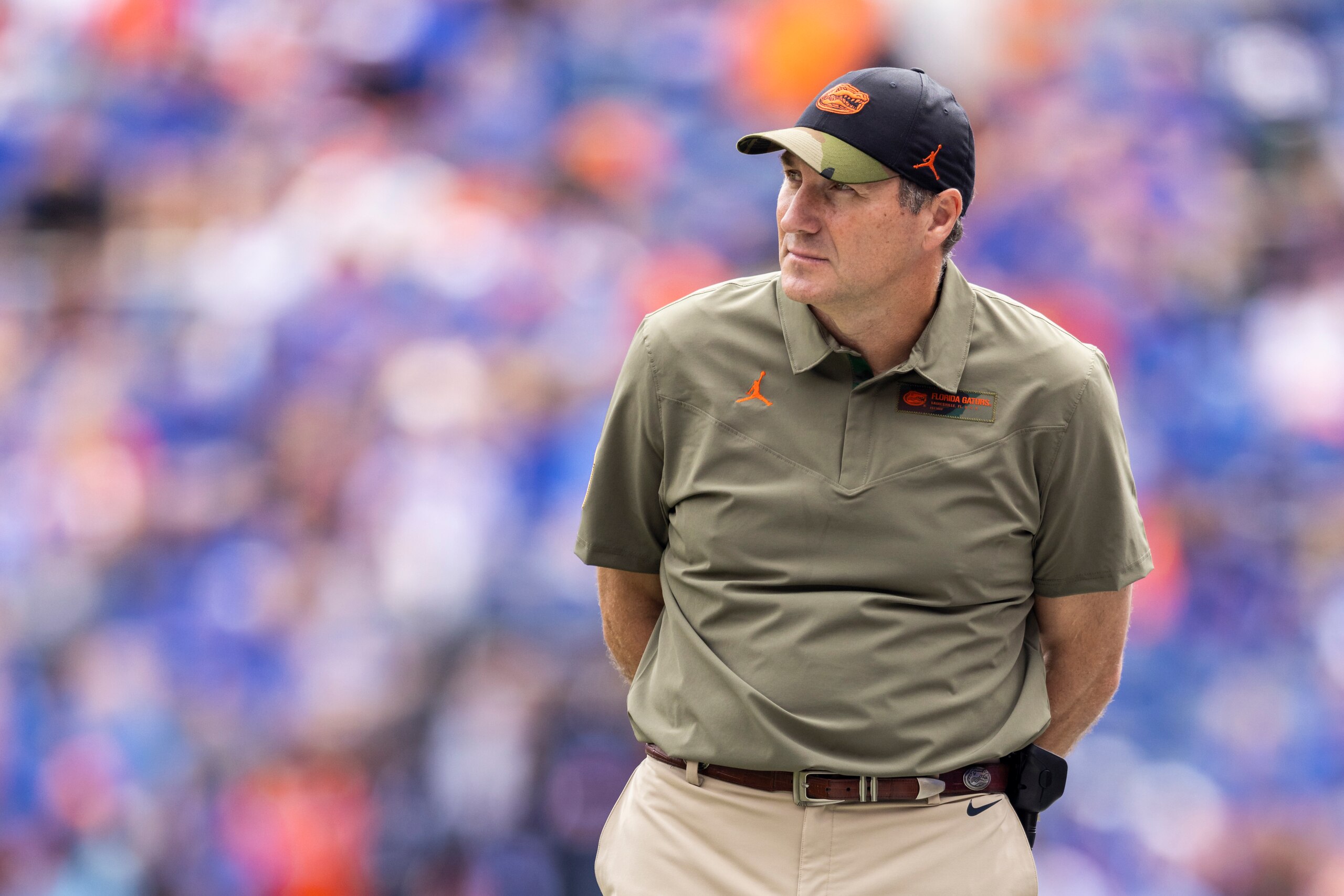 GAINESVILLE, FLORIDA - NOVEMBER 13: head coach Dan Mullen of the Florida Gators looks on during the second quarter of a game against the Samford Bulldogs at Ben Hill Griffin Stadium on November 13, 2021 in Gainesville, Florida. (Photo by James Gilbert/Get