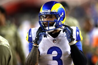 SANTA CLARA, CALIFORNIA - NOVEMBER 15: Odell Beckham Jr. #3 of the Los Angeles Rams prepares to go onto the field during the second half in the game against the San Francisco 49ers at Levi's Stadium on November 15, 2021 in Santa Clara, California. (Photo 