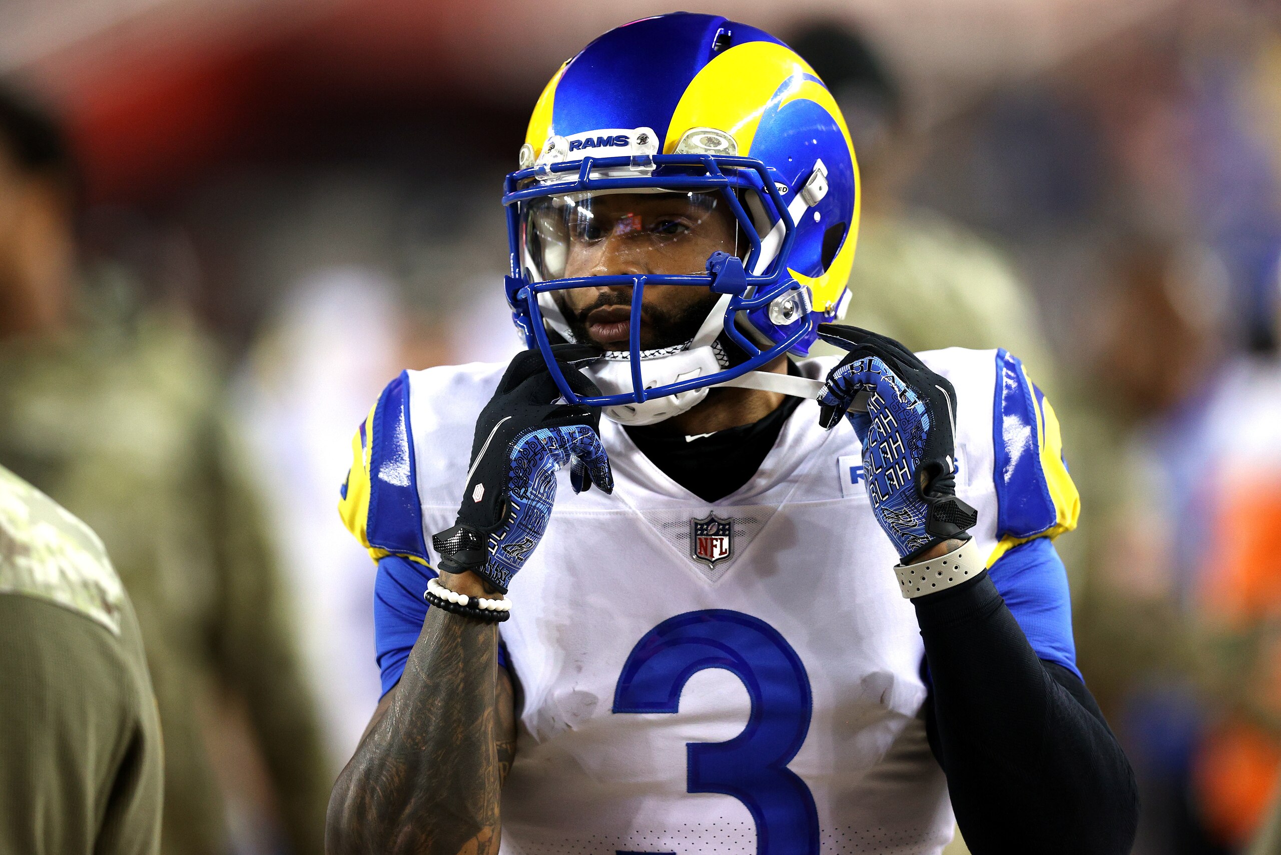 SANTA CLARA, CALIFORNIA - NOVEMBER 15: Odell Beckham Jr. #3 of the Los Angeles Rams prepares to go onto the field during the second half in the game against the San Francisco 49ers at Levi's Stadium on November 15, 2021 in Santa Clara, California. (Photo 