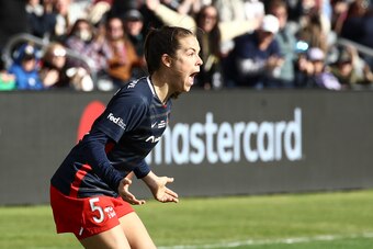 LOUISVILLE, KENTUCKY - NOVEMBER 20: Kelley O'Hara #5 of Washington Spirit celebrates after scoring during extra time against Chicago Red Stars during the NWSL Championship held at Lynn Family Stadium on November 20, 2021 in Louisville, Kentucky. (Photo by