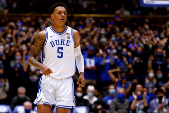 DURHAM, NC - NOVEMBER 22: Paolo Banchero #5 of the Duke Blue Devils reacts against the Citadel Bulldogs at Cameron Indoor Stadium on November 22, 2021 in Durham, North Carolina. Duke won 107-81. (Photo by Lance King/Getty Images)
