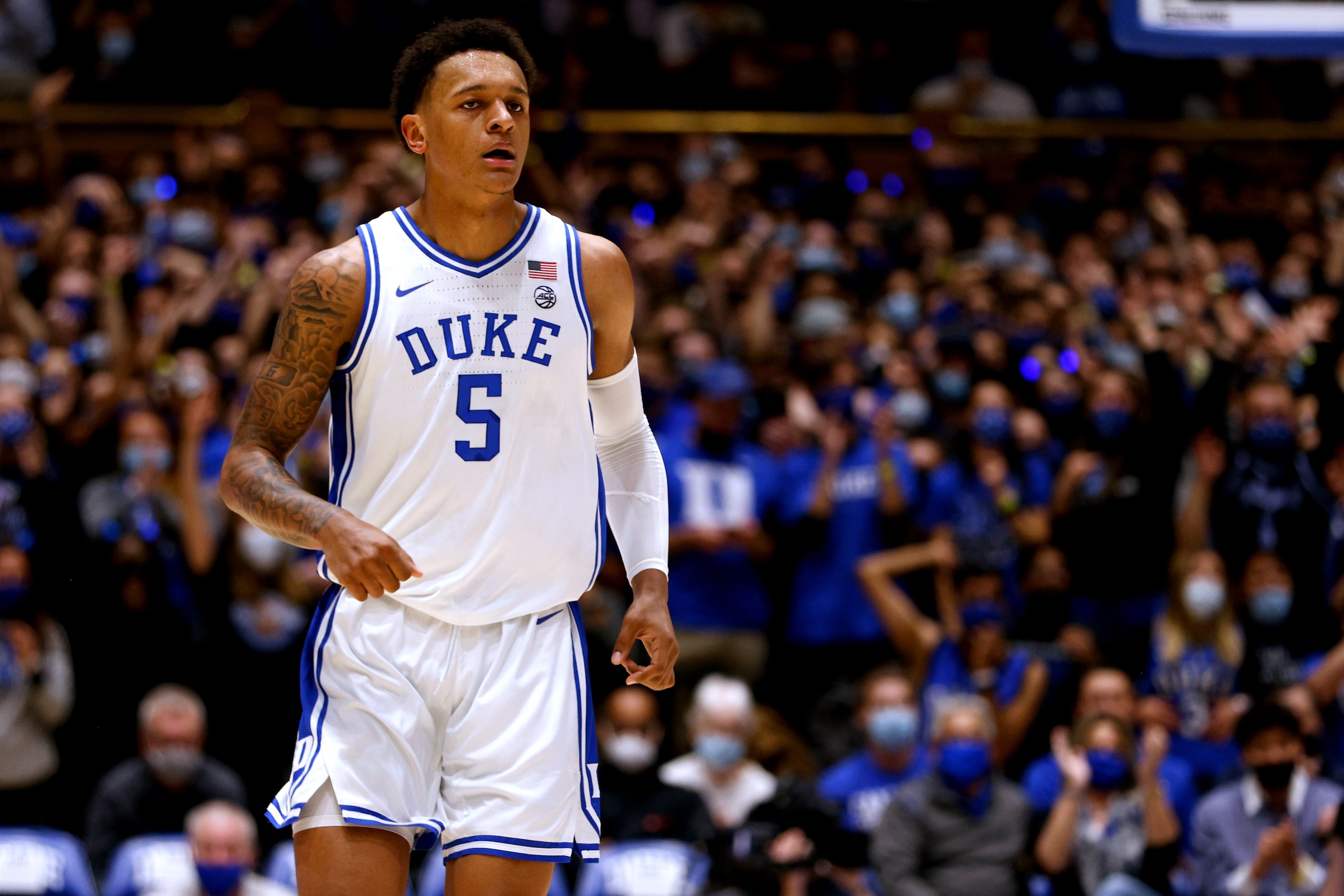 DURHAM, NC - NOVEMBER 22: Paolo Banchero #5 of the Duke Blue Devils reacts against the Citadel Bulldogs at Cameron Indoor Stadium on November 22, 2021 in Durham, North Carolina. Duke won 107-81. (Photo by Lance King/Getty Images)