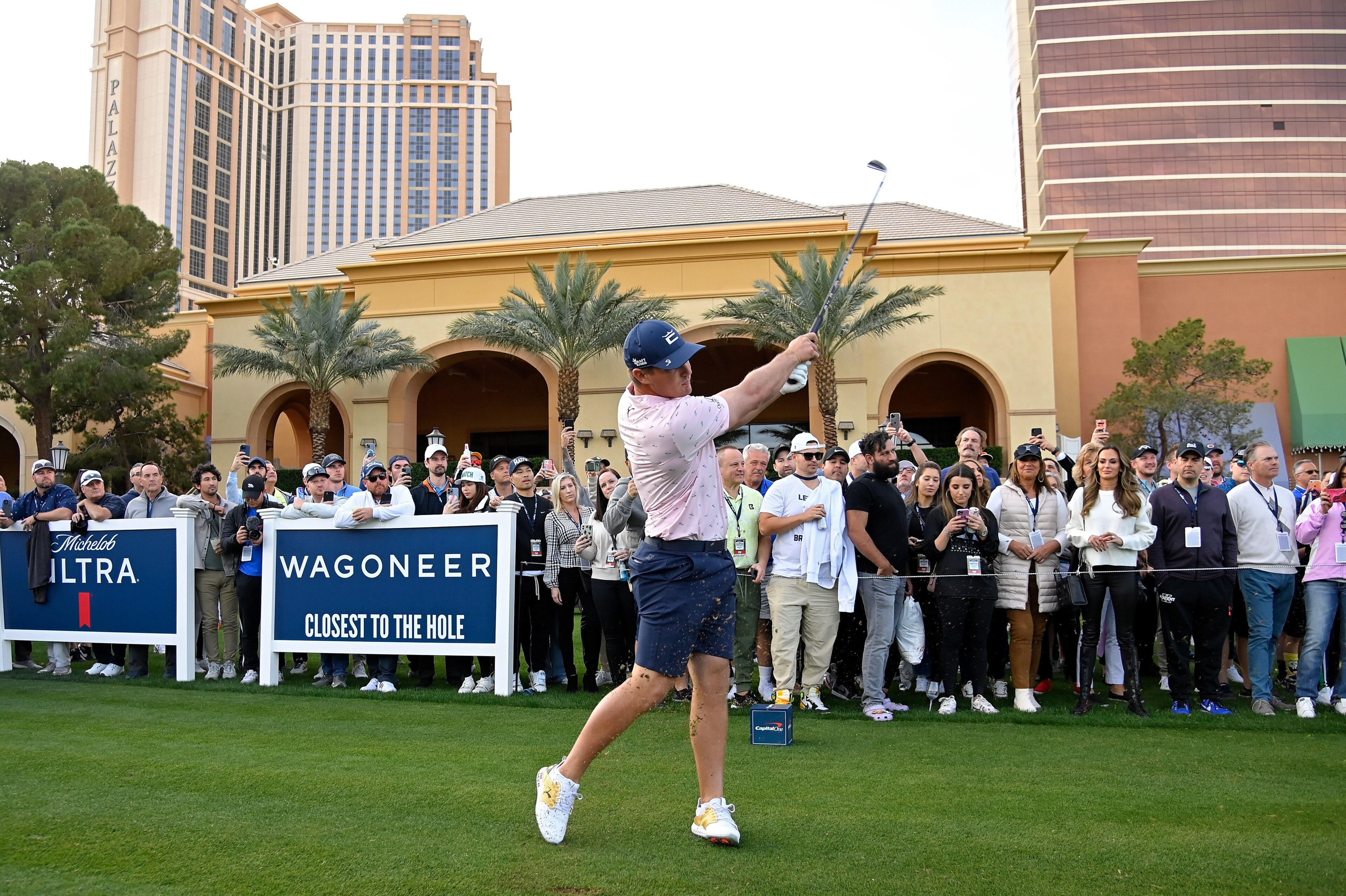 LAS VEGAS, NEVADA - NOVEMBER 26: Bryson DeChambeau plays his shot from the 11th tee during a