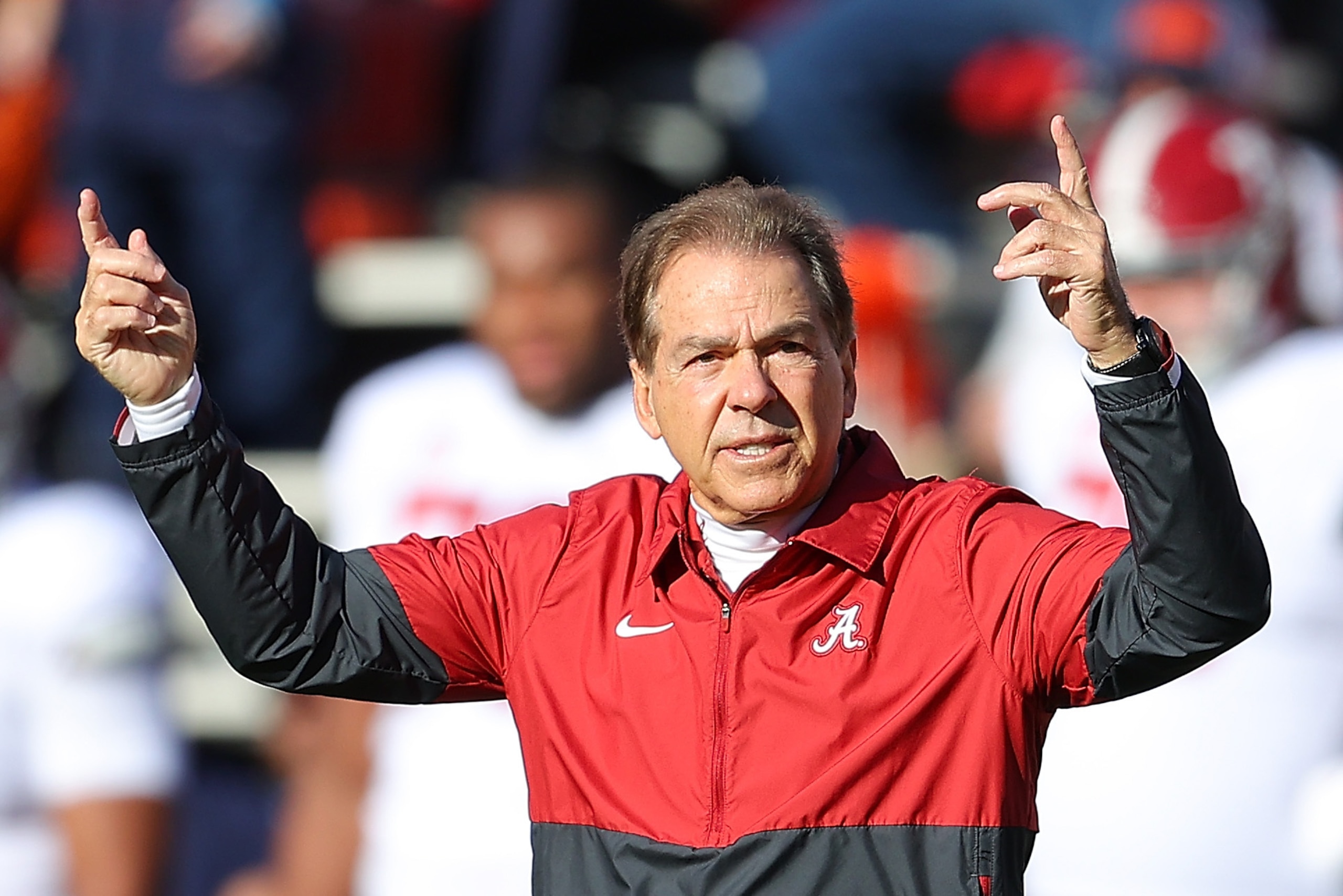 AUBURN, ALABAMA - NOVEMBER 27:  Head coach Nick Saban of the Alabama Crimson Tide reacts during pregame warmups prior to facing the Auburn Tigers at Jordan-Hare Stadium on November 27, 2021 in Auburn, Alabama. (Photo by Kevin C. Cox/Getty Images)