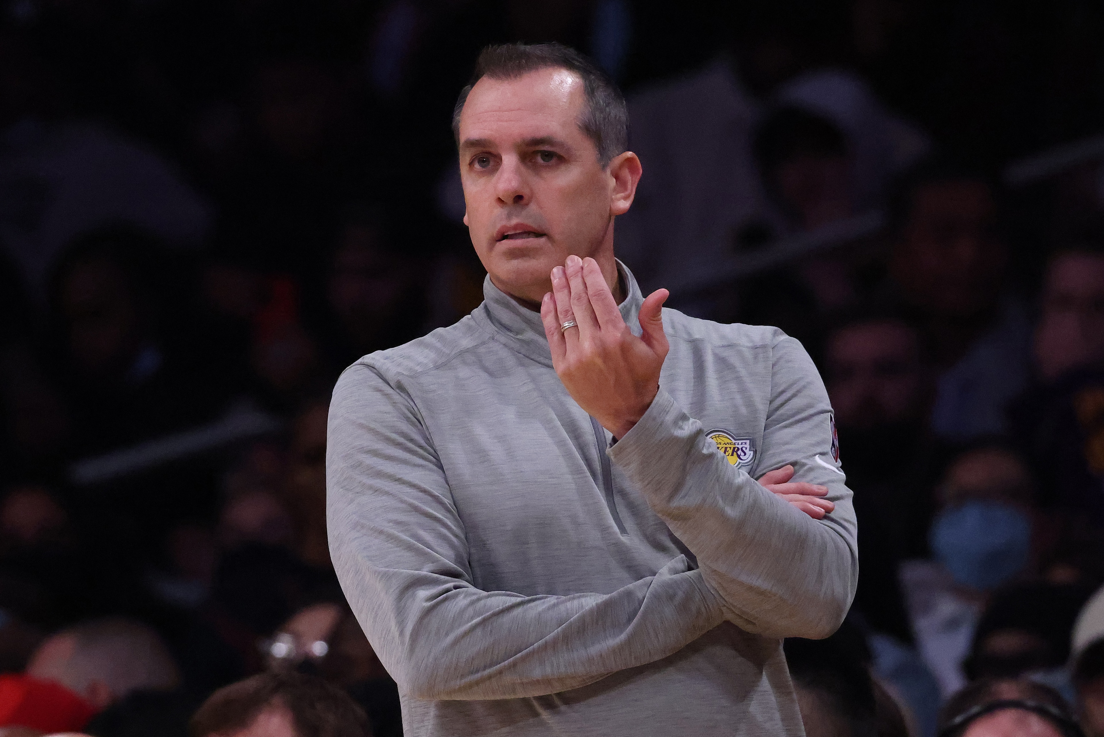 LOS ANGELES, CALIFORNIA - DECEMBER 03: Head coach Frank Vogel of the Los Angeles Lakers reacts during a 119-115 LA
Clippers win at Staples Center on December 03, 2021 in Los Angeles, California. NOTE TO USER: User expressly acknowledges and agrees that, LOS ANGELES, CALIFORNIA - DECEMBER 03: Head coach Frank Vogel of the Los Angeles Lakers reacts during a 119-115 LA
Clippers win at Staples Center on December 03, 2021 in Los Angeles, California. NOTE TO USER: User expressly acknowledges and agrees that,