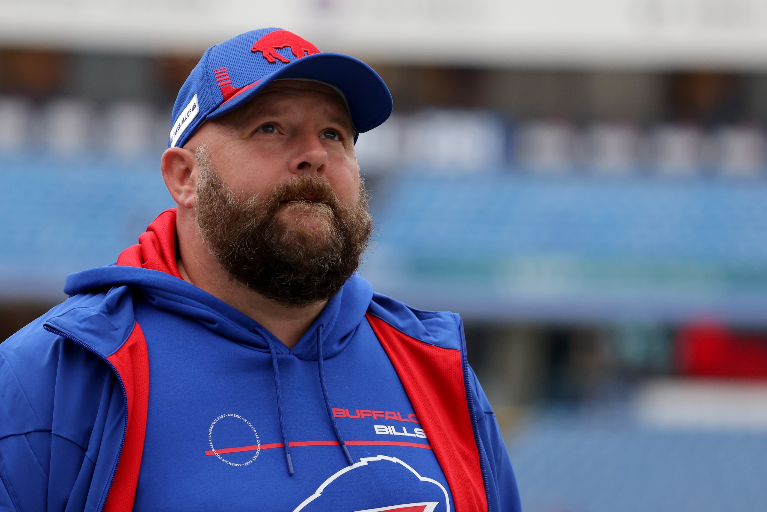 ORCHARD PARK, NY - OCTOBER 31: Offensive coordinator Brian Daboll of the Buffalo Bills on the field before a game against the Miami Dolphins at Highmark Stadium on October 31, 2021 in Orchard Park, New York. (Photo by Timothy T Ludwig/Getty Images)