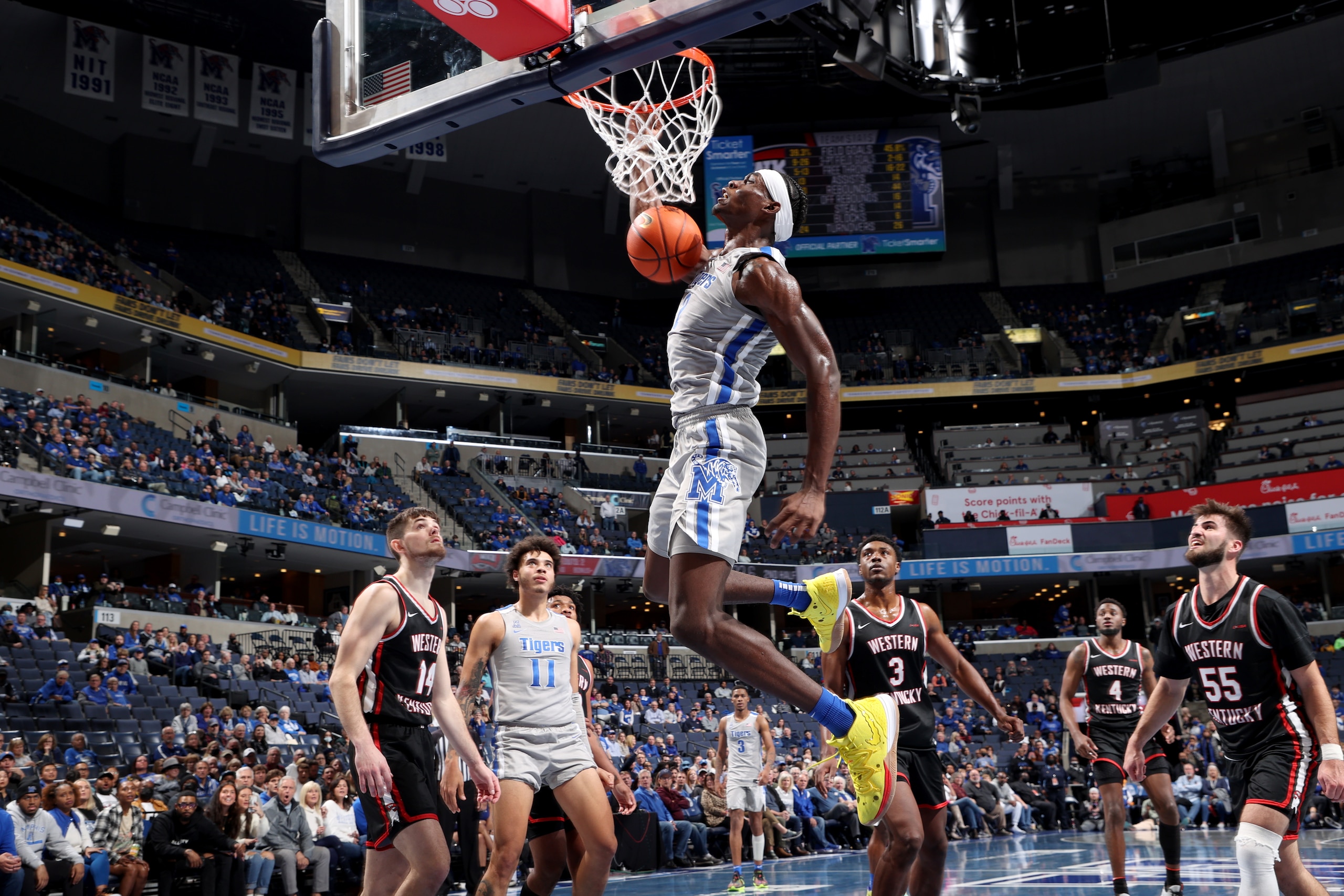 MEMPHIS, TN - NOVEMBER 19: Jalen Duren #2 of the Memphis Tigers dunks the ball against the Western Kentucky Hilltoppers during a game on November 19, 2021 at FedExForum in Memphis, Tennessee. Memphis defeated Western Kentucky 74-62. (Photo by Joe Murphy/G