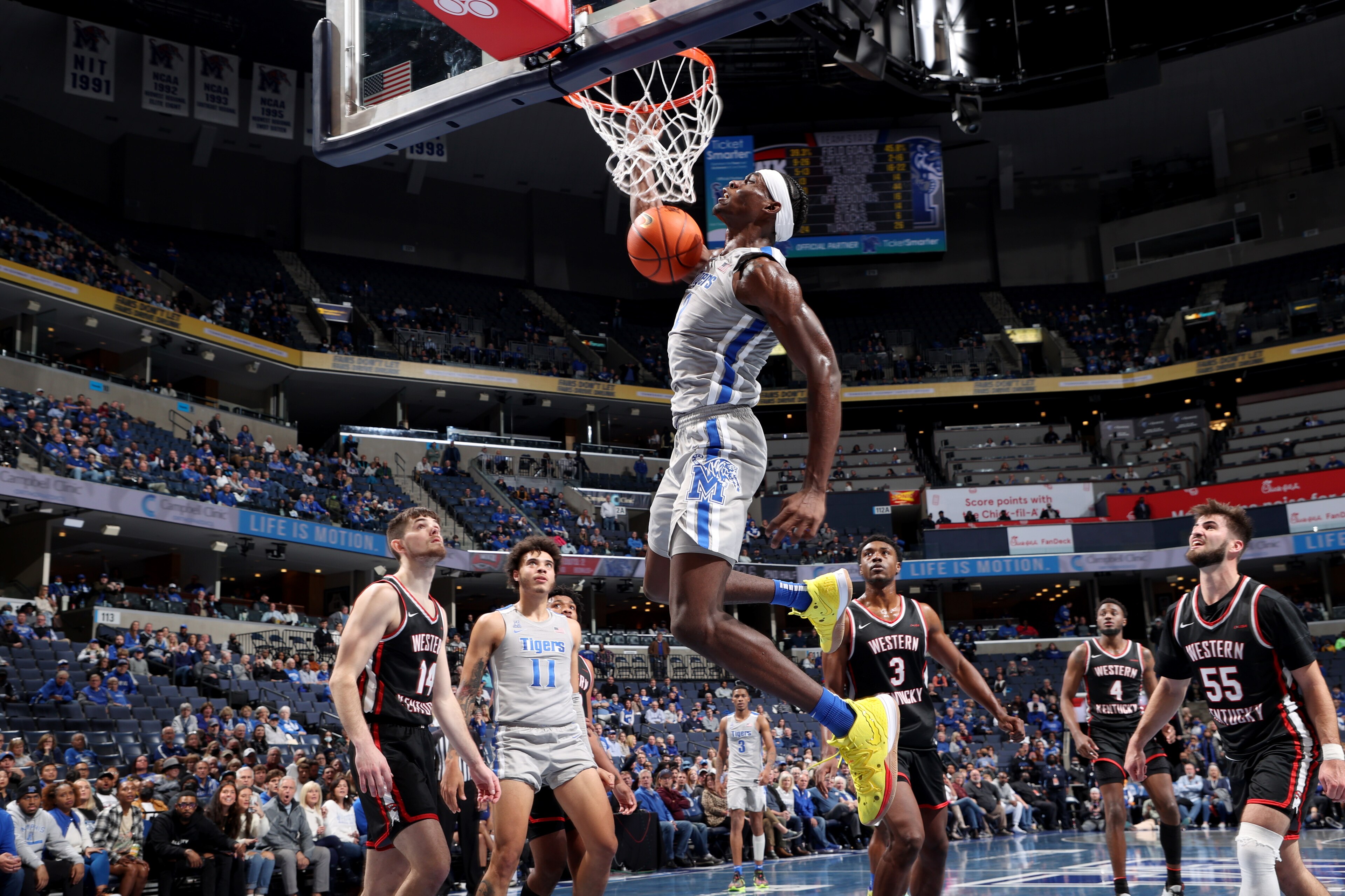 MEMPHIS, TN - NOVEMBER 19: Jalen Duren #2 of the Memphis Tigers dunks the ball against the Western Kentucky Hilltoppers during a game on November 19, 2021 at FedExForum in Memphis, Tennessee. Memphis defeated Western Kentucky 74-62. (Photo by Joe Murphy/G