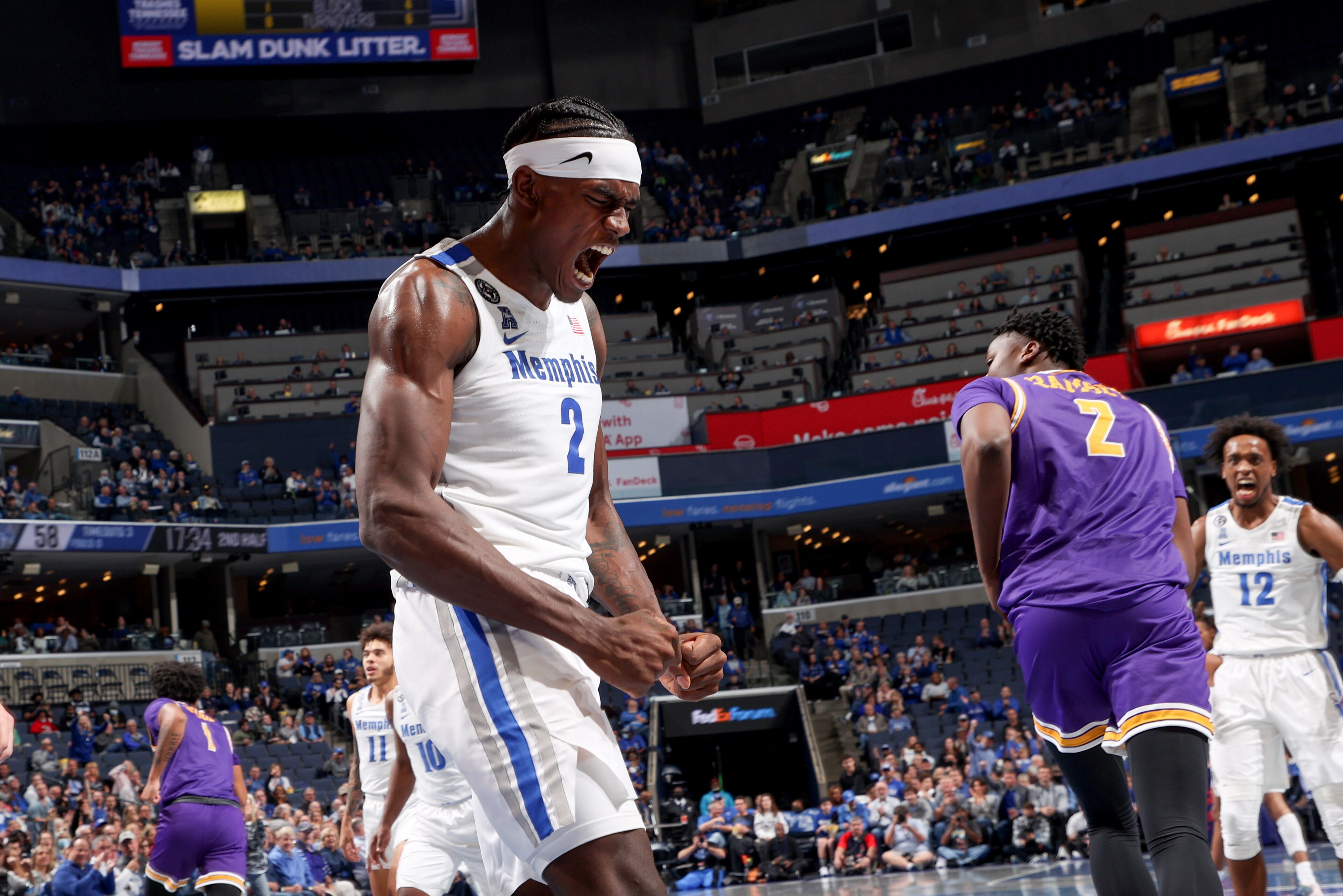 MEMPHIS, TN - NOVEMBER 9: Jalen Duren #2 of the Memphis Tigers celebrates against the Tennessee Tech Golden Eagles on November 9, 2021 at FedExForum in Memphis, Tennessee. Memphis defeated Tennessee Tech 89-65. (Photo by Joe Murphy/Getty Images)