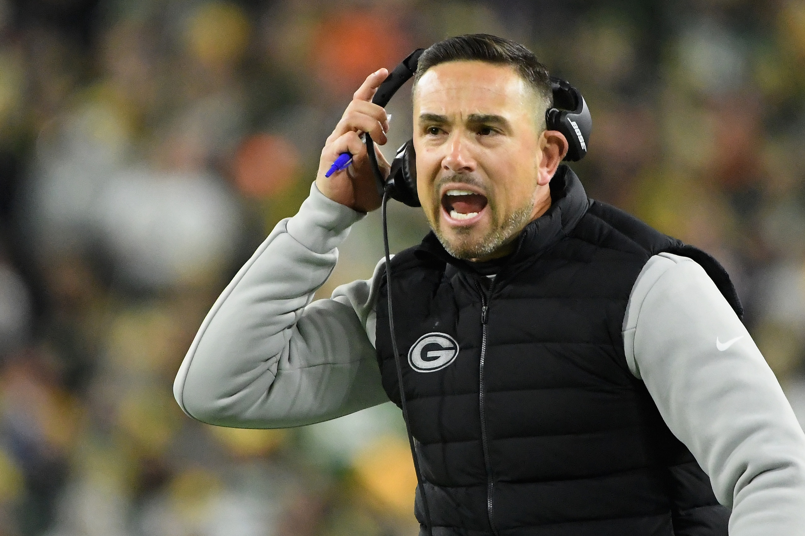 GREEN BAY, WISCONSIN - DECEMBER 12: Head coach Matt LaFleur of the Green Bay Packers reacts during the first quarter of the NFL game against the Chicago Bears at Lambeau Field on December 12, 2021 in Green Bay, Wisconsin. (Photo by Quinn Harris/Getty Imag