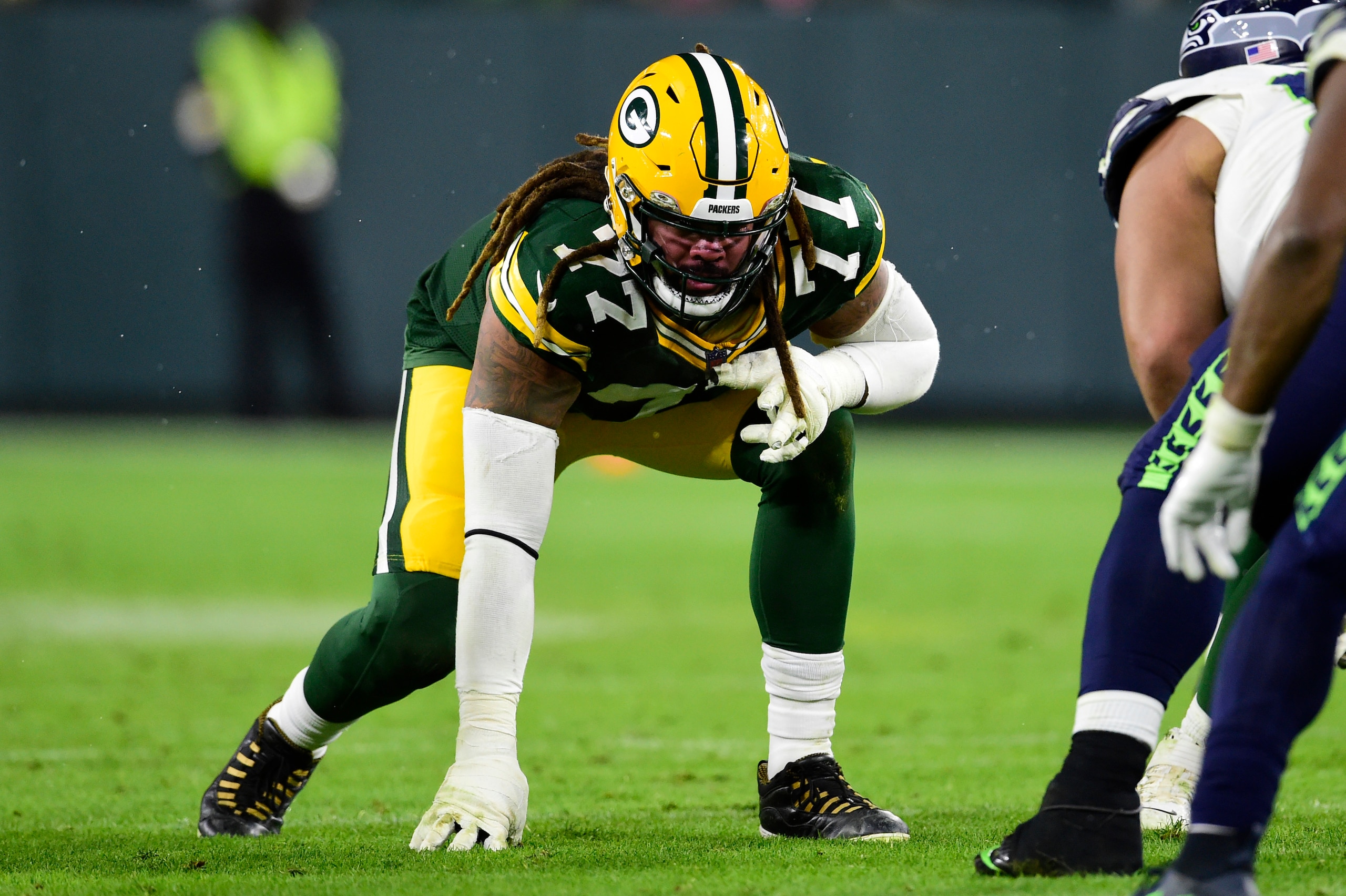 GREEN BAY, WISCONSIN - NOVEMBER 14: Billy Turner #77 of the Green Bay Packers in action against the Seattle Seahawks at Lambeau Field on November 14, 2021 in Green Bay, Wisconsin. (Photo by Patrick McDermott/Getty Images)