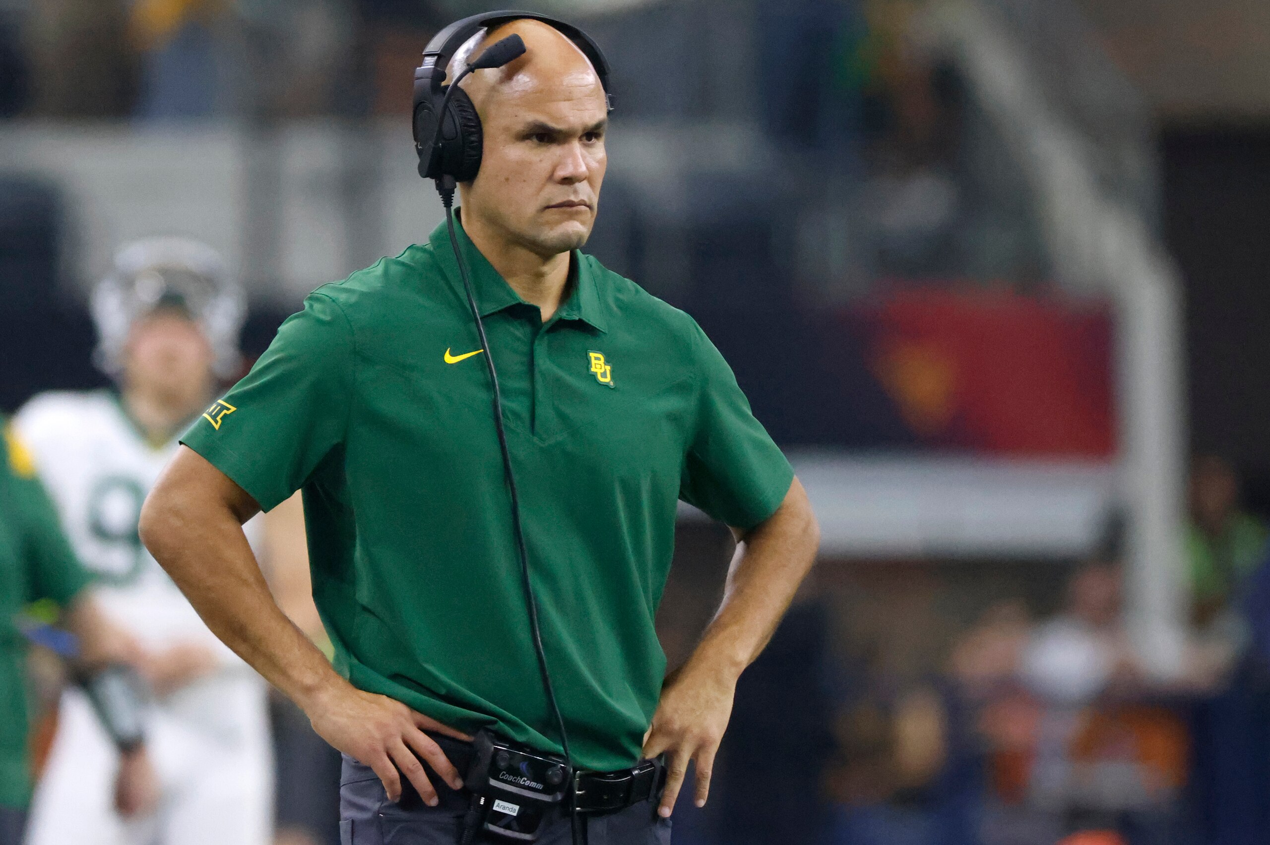 ARLINGTON, TX - DECEMBER 4: Head coach Dave Aranda of the Baylor Bears watches a play from the sidelines as Baylor takes on the Oklahoma State Cowboys  in the Big 12 Football Championship at AT&T Stadium on December 4, 2021 in Arlington, Texas. Baylor won