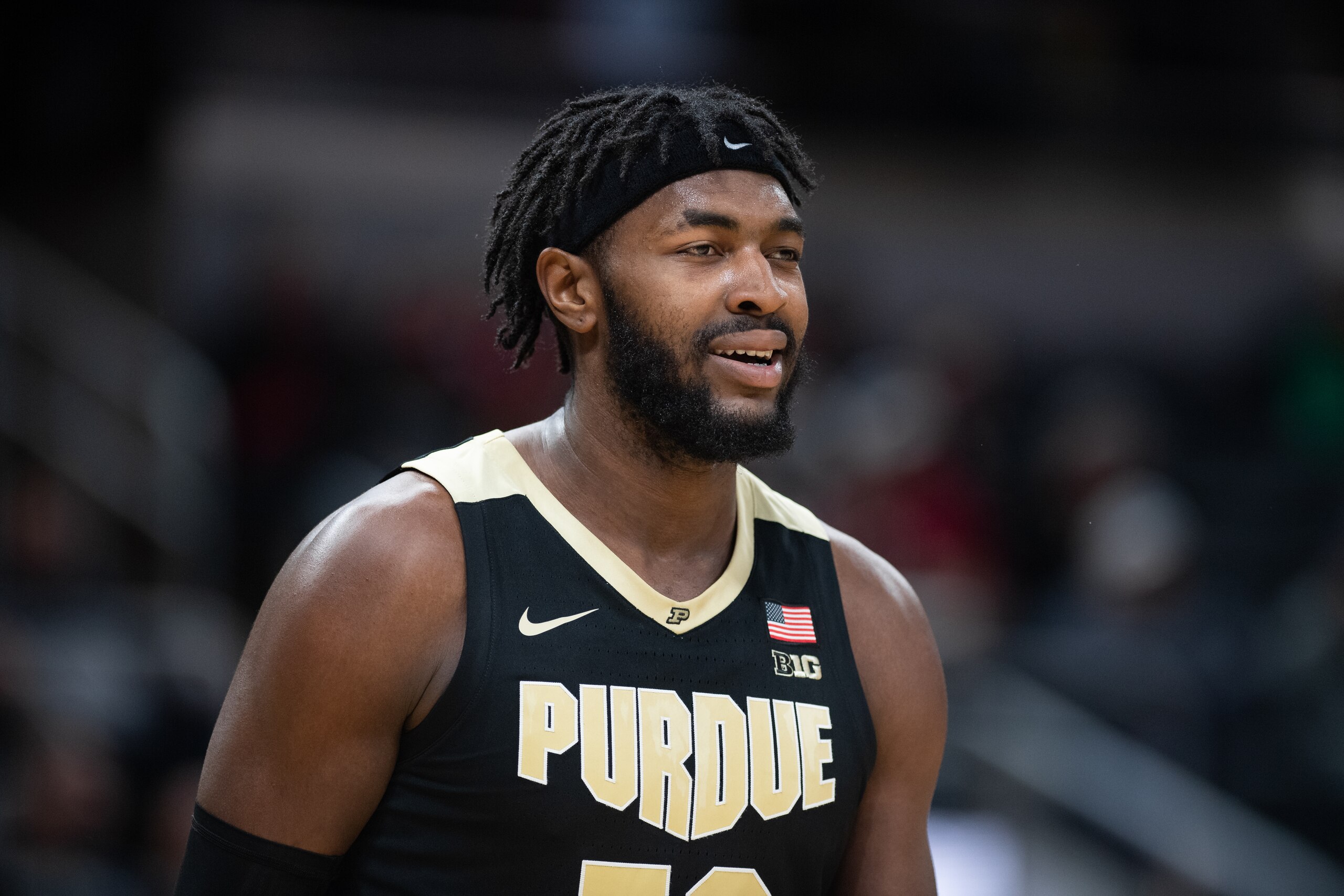 INDIANAPOLIS, IN - DECEMBER 18: Purdue Boilermakers forward Trevion Williams (50) looks to the sidelines during the mens college basketball game between the Butler Bulldogs and Purdue Boilermakers on December 18, 2021, at Gainbridge Fieldhouse in Indianap