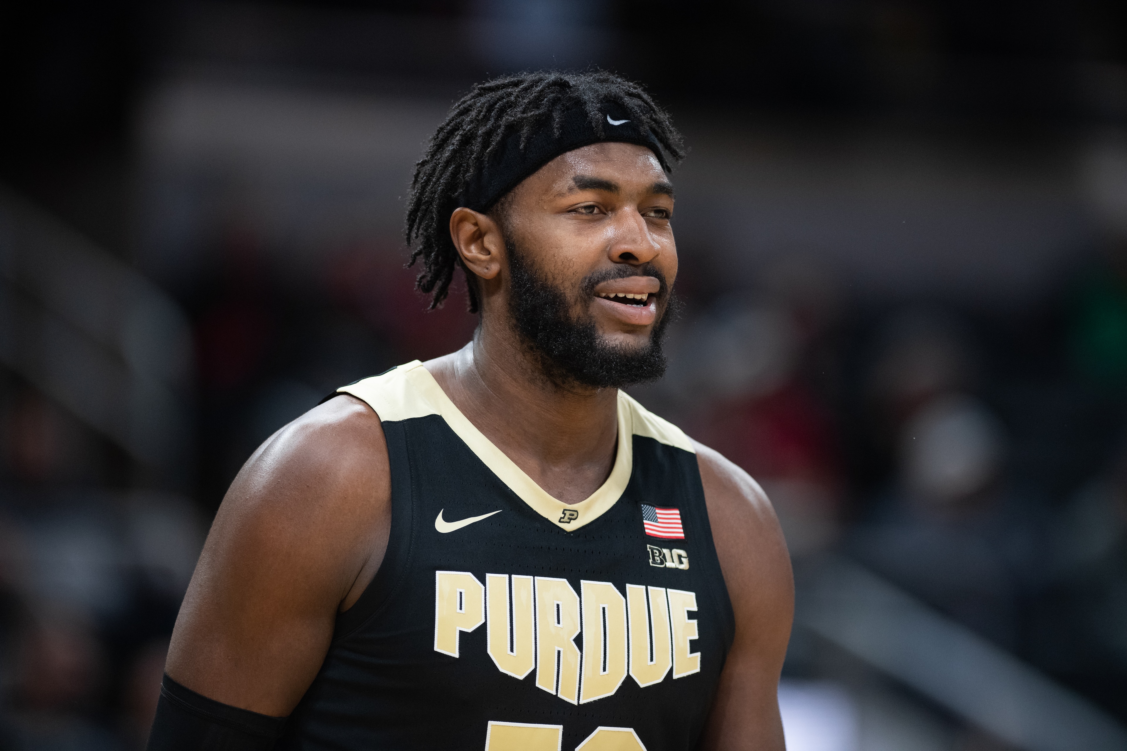 INDIANAPOLIS, IN - DECEMBER 18: Purdue Boilermakers forward Trevion Williams (50) looks to the sidelines during the mens college basketball game between the Butler Bulldogs and Purdue Boilermakers on December 18, 2021, at Gainbridge Fieldhouse in Indianap