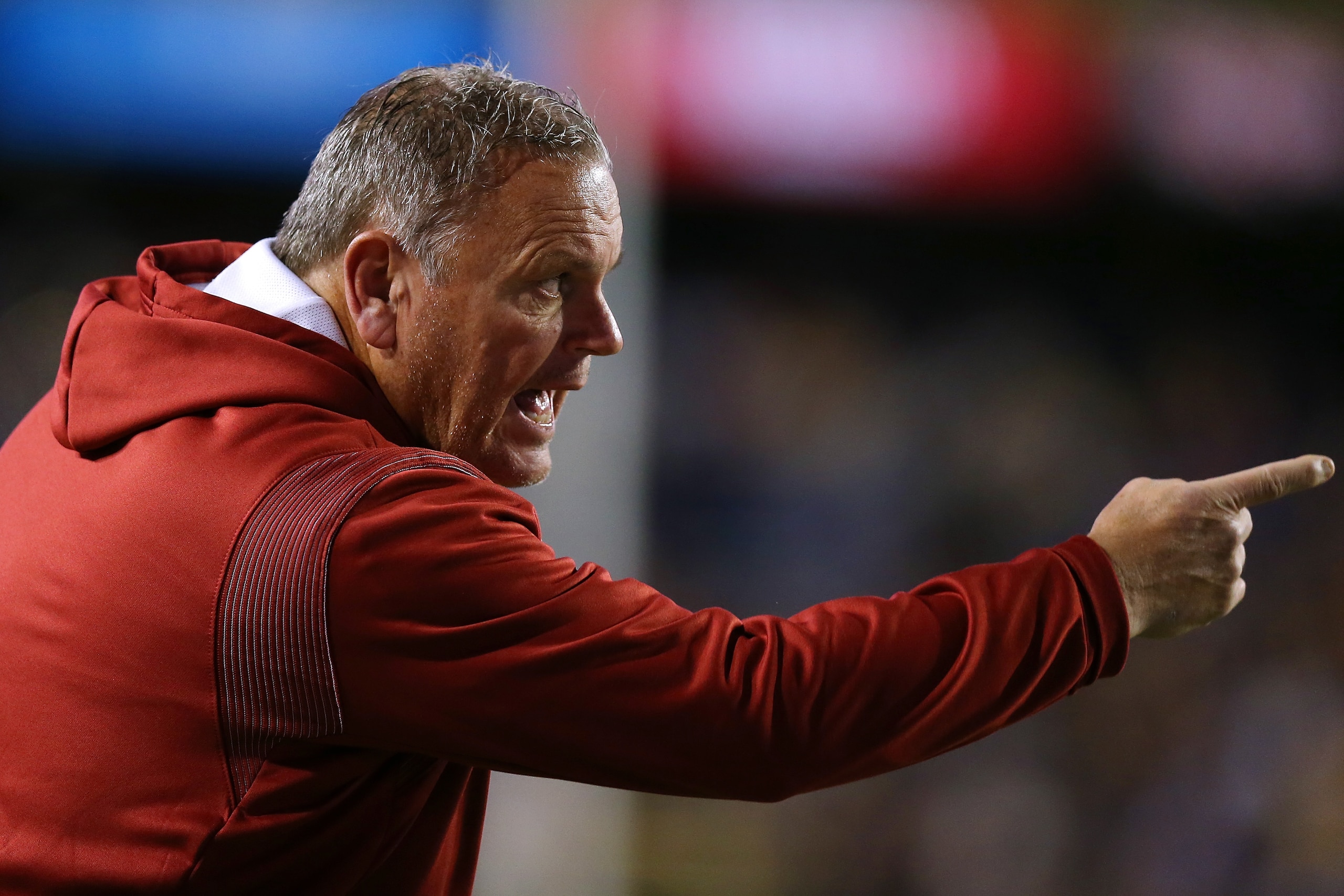 BATON ROUGE, LOUISIANA - NOVEMBER 13: Head coach Sam Pittman of the Arkansas Razorbacks reacts during the fist half of a game against the LSU Tigers at Tiger Stadium on November 13, 2021 in Baton Rouge, Louisiana. (Photo by Jonathan Bachman/Getty Images)