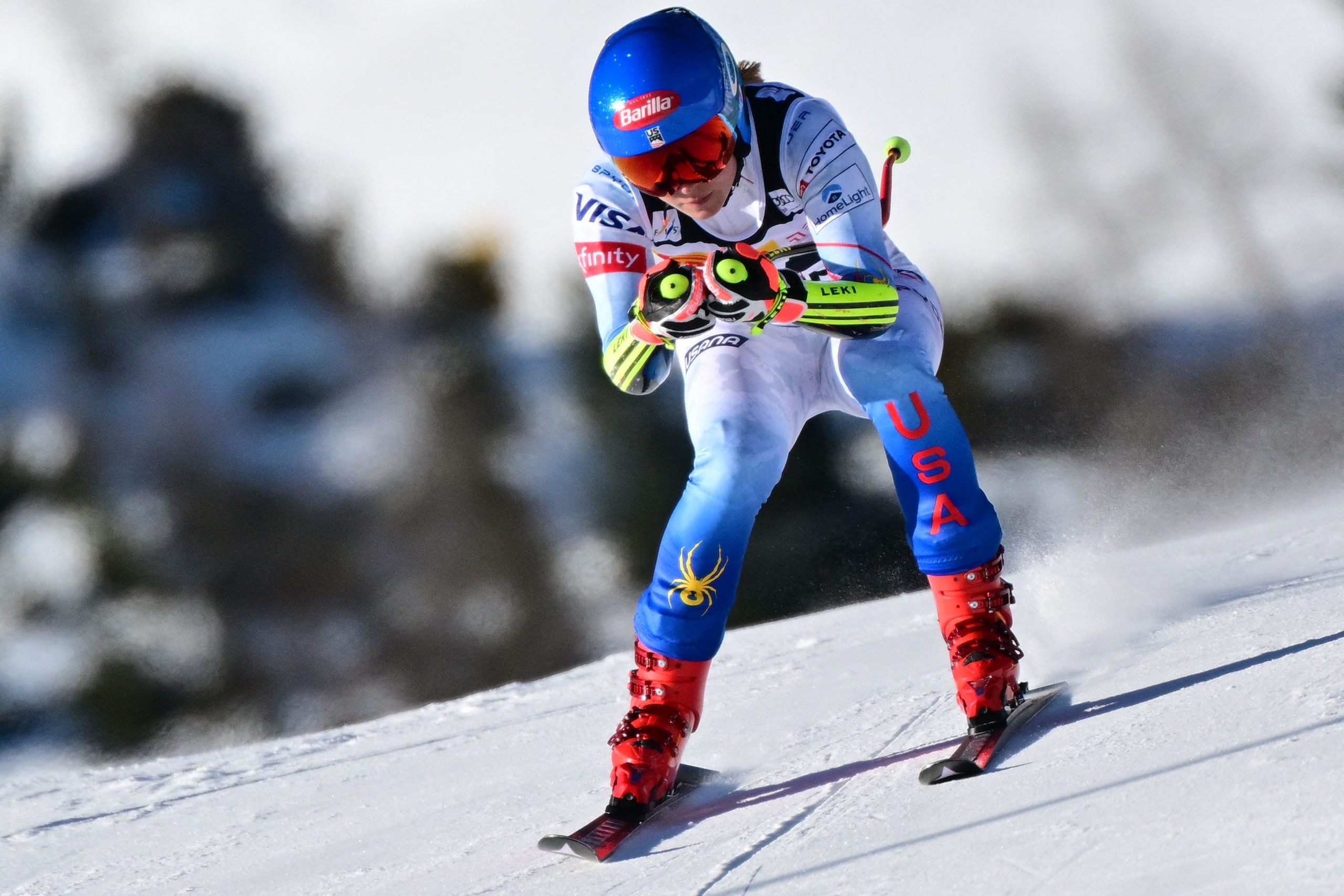 USA's Mikaela Shiffrin competes in the Women's Super G as part of the FIS Alpine World Ski Championships in Cortina d'Ampezzo, Italian Alps, on January 23, 2022. (Photo by Jure MAKOVEC / AFP) (Photo by JURE MAKOVEC/AFP via Getty Images)