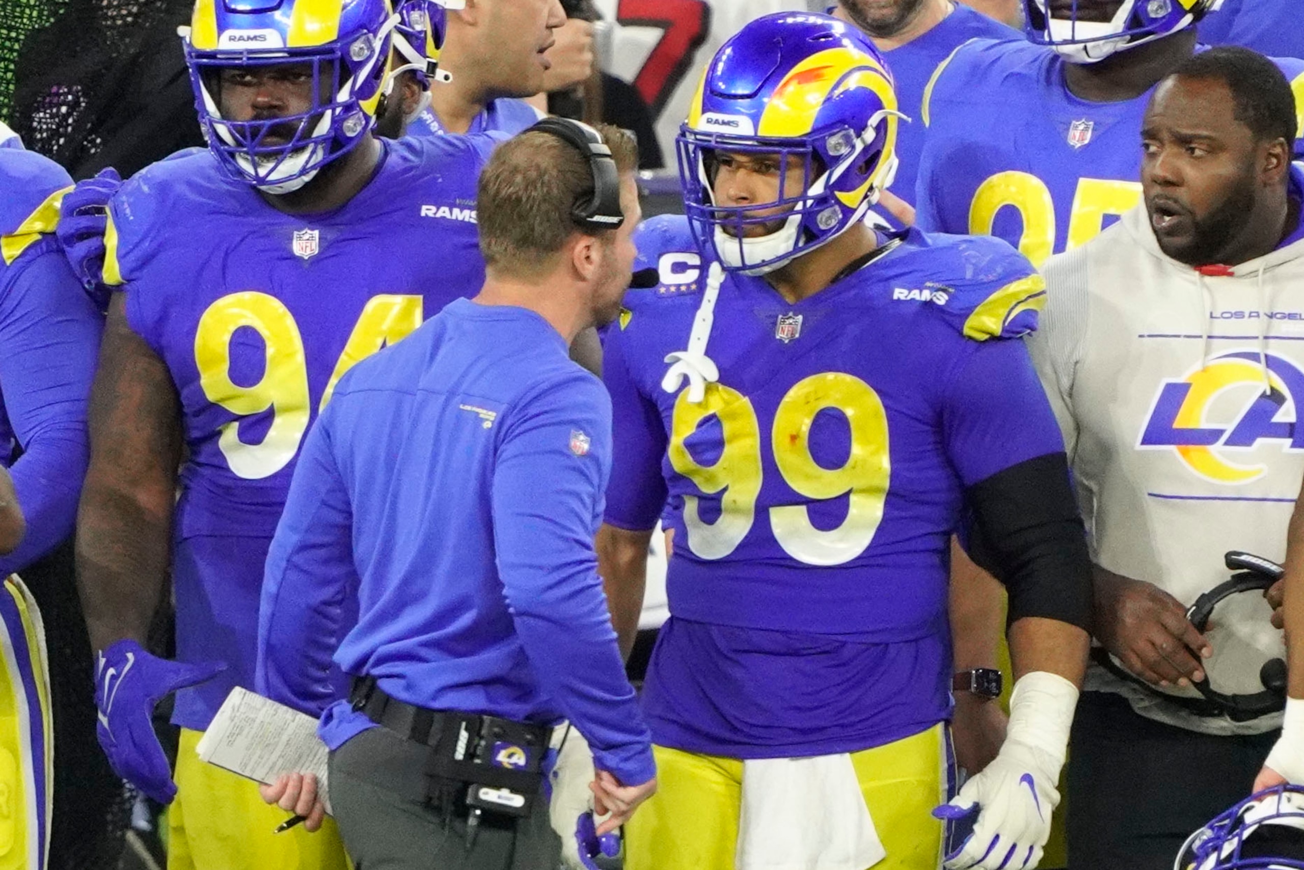 INGLEWOOD, CA - JANUARY 30:  Aaron Donald #99 of the Rams during the NFC Conference Championship game between the San Francisco 49ers and the Los Angeles Rams on January 30, 2022, at SoFi Stadium in Inglewood, CA. (Photo by Icon Sportswire)