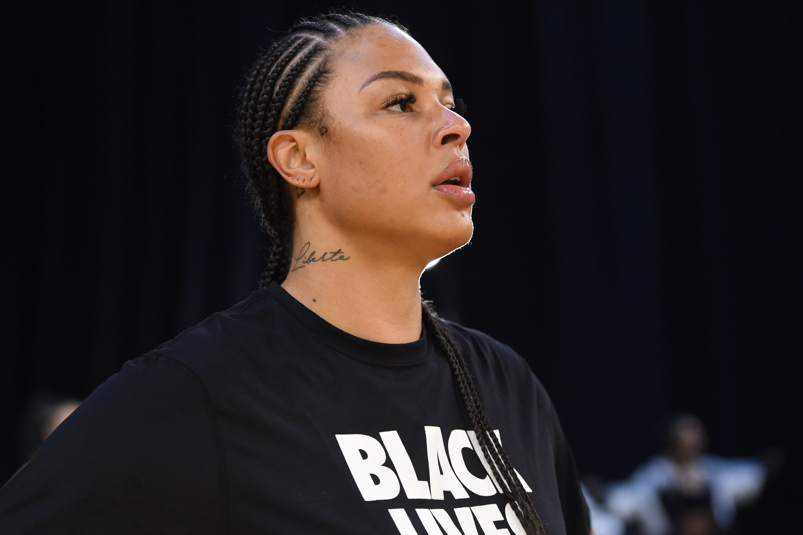 LOS ANGELES, CA - JULY 2: Liz Cambage #8 of the Las Vegas Aces looks on during the game against the Los Angeles Sparks on July 2, 2021 at Los Angeles Convention Center in Los Angeles, California. NOTE TO USER: User expressly acknowledges and agrees that, 