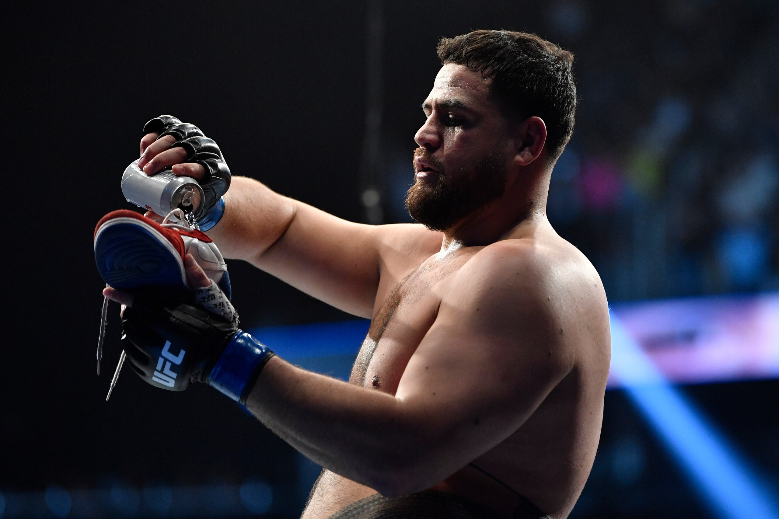 LAS VEGAS, NEVADA - DECEMBER 11: Tai Tuivasa of Australia celebrates after defeating Augusto Sakai of Brazil in their heavyweight bout during the UFC 269 on December 11, 2021 in Las Vegas, Nevada. (Photo by Chris Unger/Zuffa LLC)