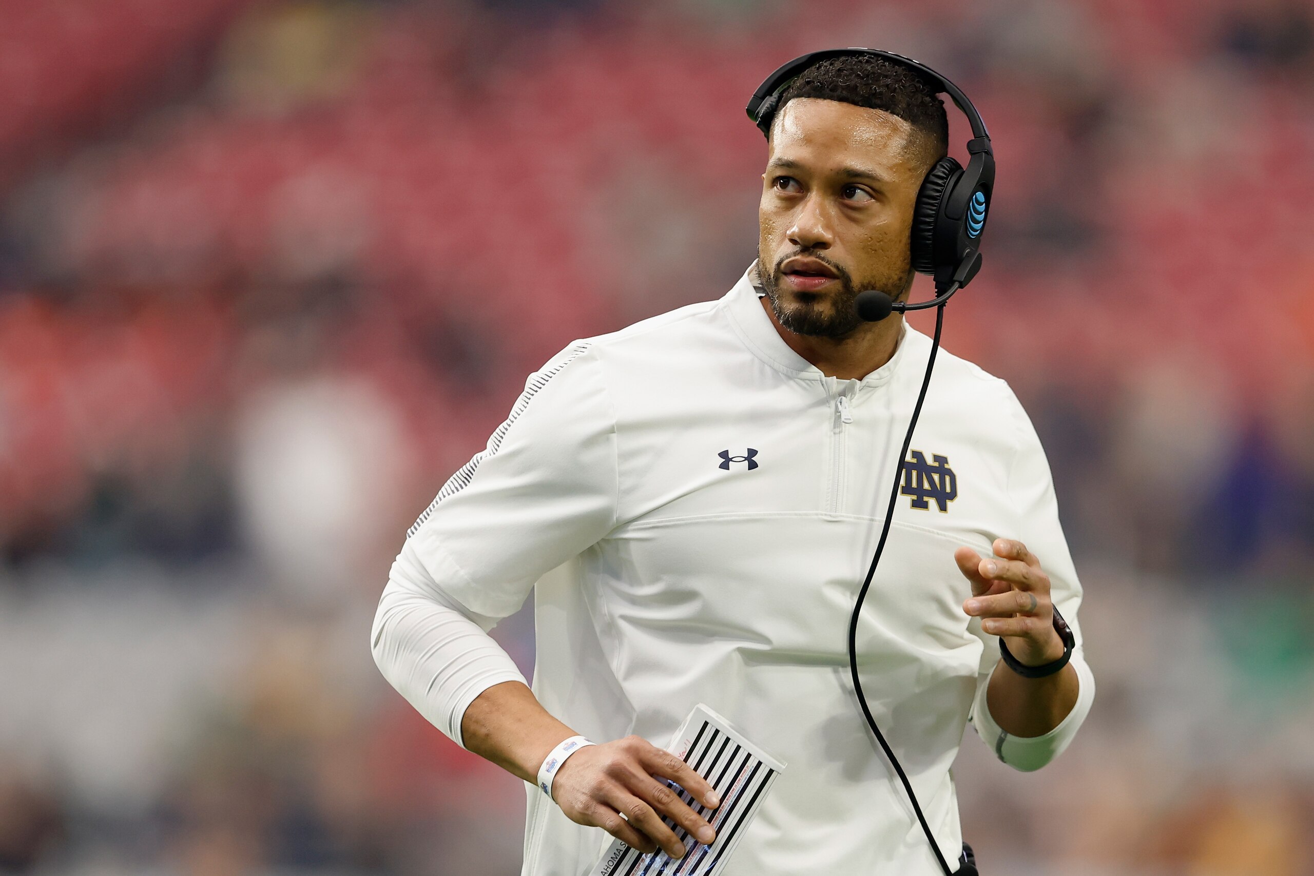 GLENDALE, ARIZONA - JANUARY 01: Head coach Marcus Freeman of the Notre Dame Fighting Irish during the PlayStation Fiesta Bowl at State Farm Stadium on January 01, 2022 in Glendale, Arizona. The Cowboys defeated the Fighting Irish 37-35.  (Photo by Christi