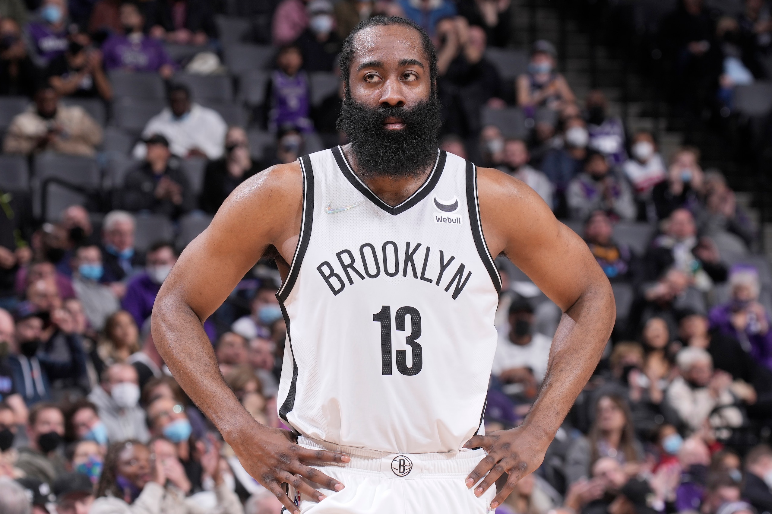 SACRAMENTO, CA - FEBRUARY 2: James Harden #13 of the Brooklyn Nets looks on during the game against the Sacramento Kings on February 2, 2022 at Golden 1 Center in Sacramento, California. NOTE TO USER: User expressly acknowledges and agrees that, by downlo