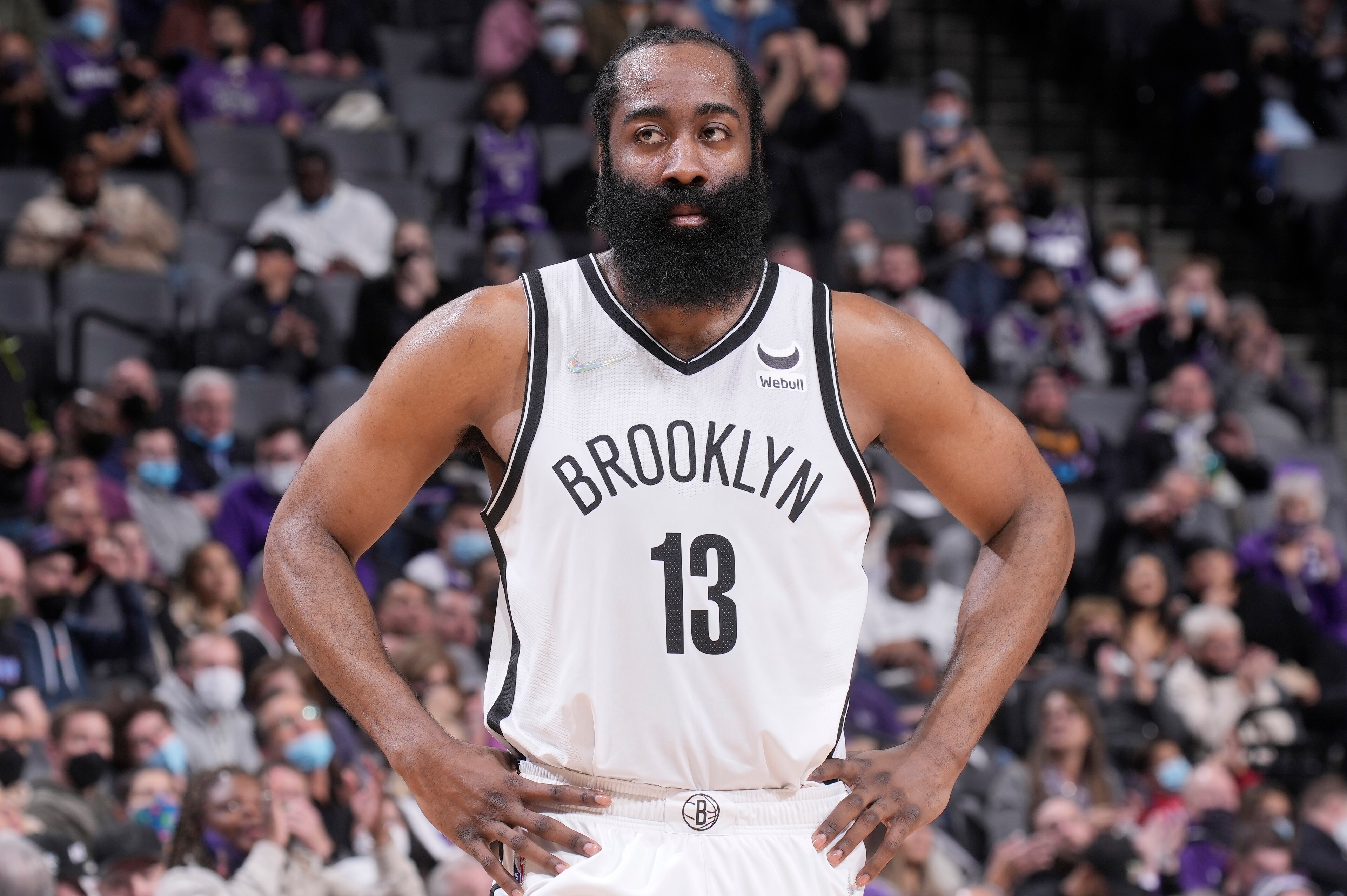 SACRAMENTO, CA - FEBRUARY 2: James Harden #13 of the Brooklyn Nets looks on during the game against the Sacramento Kings on February 2, 2022 at Golden 1 Center in Sacramento, California. NOTE TO USER: User expressly acknowledges and agrees that, by downlo SACRAMENTO, CA - FEBRUARY 2: James Harden #13 of the Brooklyn Nets looks on during the game against the Sacramento Kings on February 2, 2022 at Golden 1 Center in Sacramento, California. NOTE TO USER: User expressly acknowledges and agrees that, by downlo