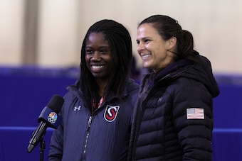 MILWAUKEE, WISCONSIN - JANUARY 09: Erin Jackson and Brittany Bowe speak to the media during the 2022 U.S. Speedskating Long Track Olympic Trials at Pettit National Ice Center on January 09, 2022 in Milwaukee, Wisconsin. (Photo by Stacy Revere/Getty Images