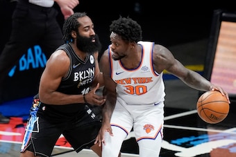 James Harden defends Julius Randle in last April's game against the New York Knicks, when Harden injured his hamstring.
