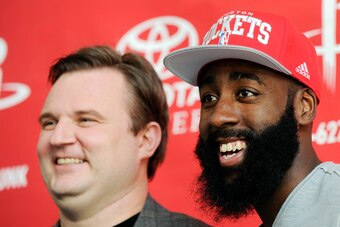 Daryl Morey, left, and James Harden, right, have a long history dating back to their days in Houston.