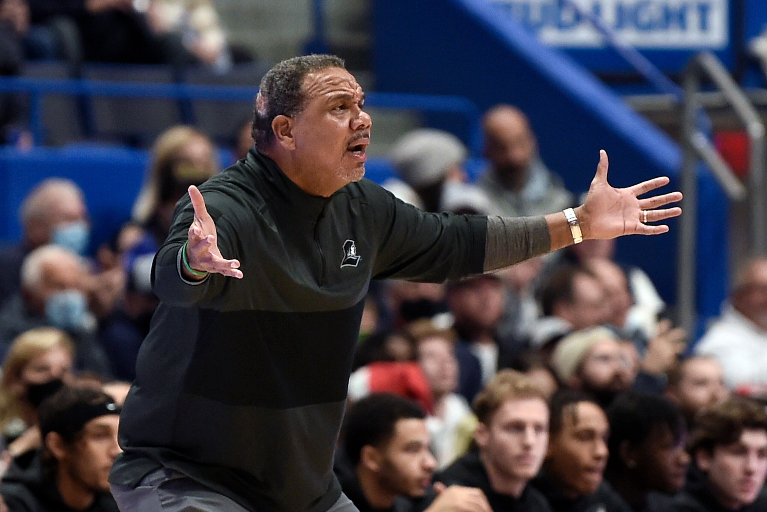 HARTFORD, CONNECTICUT - DECEMBER 18: Head coach Ed Cooley of the Providence Friars reacts to a call during the game against the Connecticut Huskies at XL Center on December 18, 2021 in Hartford, Connecticut. (Photo by G Fiume/Getty Images)