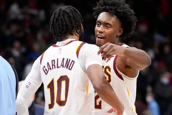 TORONTO, ON - NOVEMBER 5: Collin Sexton #2 and Darius Garland #10 of the Cleveland Cavaliers celebrate defeating the Toronto Raptors in their basketball game at the Scotiabank Arena on November 5, 2021 in Toronto, Ontario, Canada. NOTE TO USER: User expre