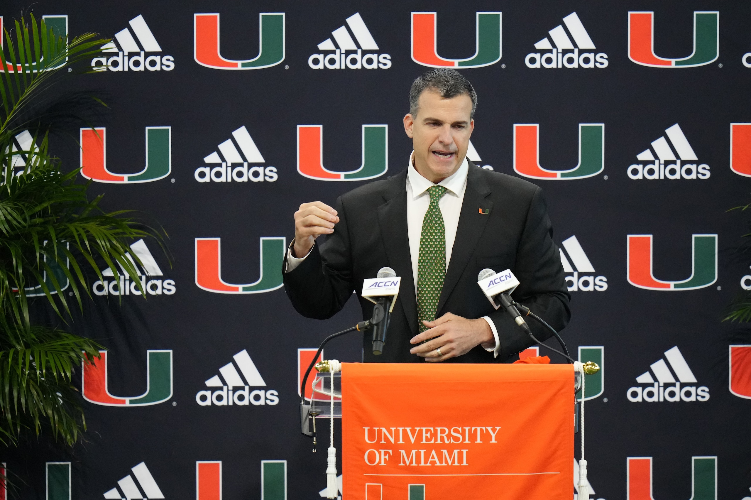 MIAMI, FLORIDA - DECEMBER 07: New Head Coach Mario Cristobal of the Miami Hurricanes speaks with the media during a press conference introducing him at the Carol Soffer Indoor Practice Facility at University of Miami on December 07, 2021 in Miami, Florida