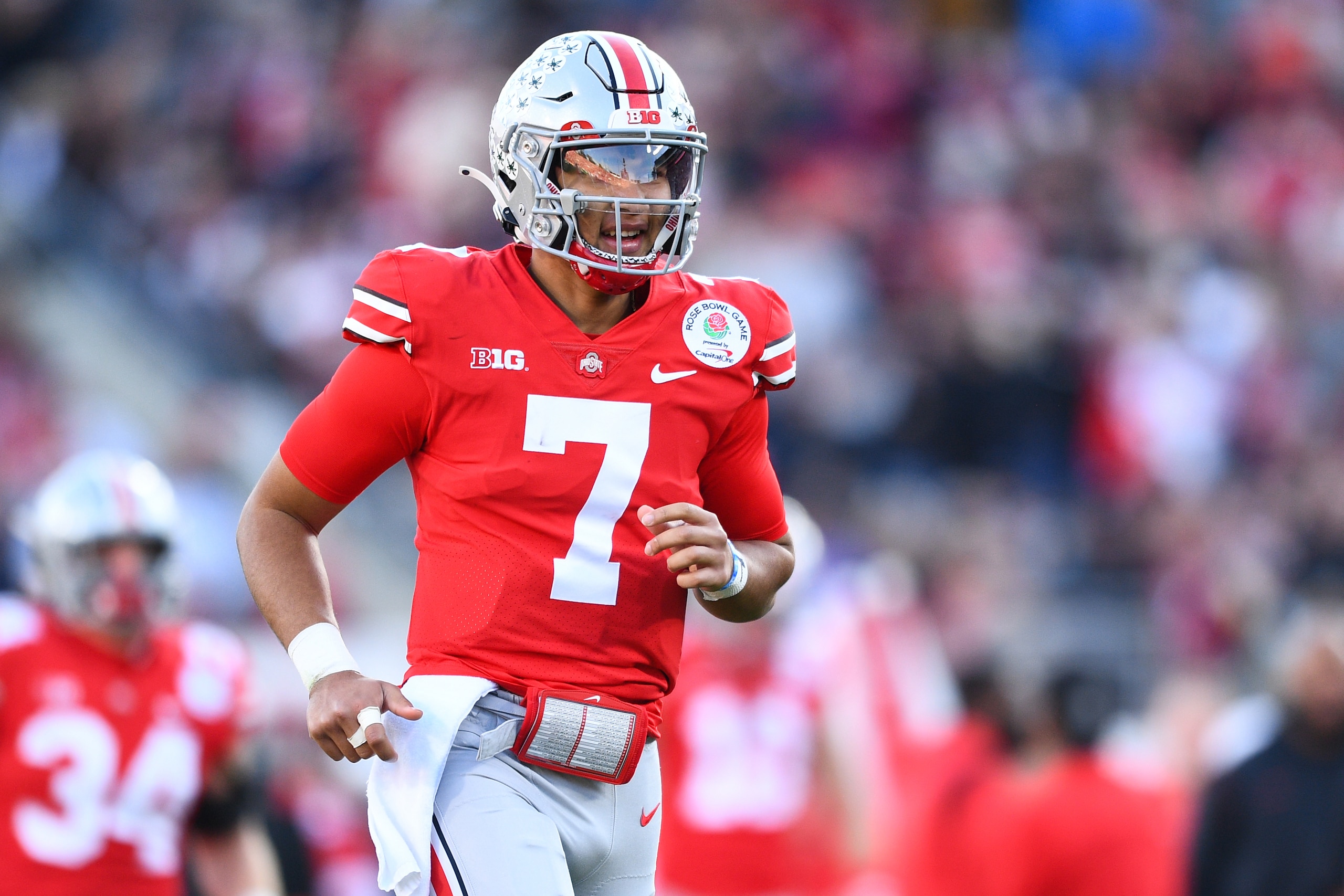 PASADENA, CA - JANUARY 01: Ohio State Buckeyes quarterback C.J. Stroud (7) celebrates after a touchdown during the Rose Bowl game between the Ohio State Buckeyes and the Utah Utes on January 1, 2022 at the Rose Bowl in Pasadena, CA. (Photo by Brian Rothmu