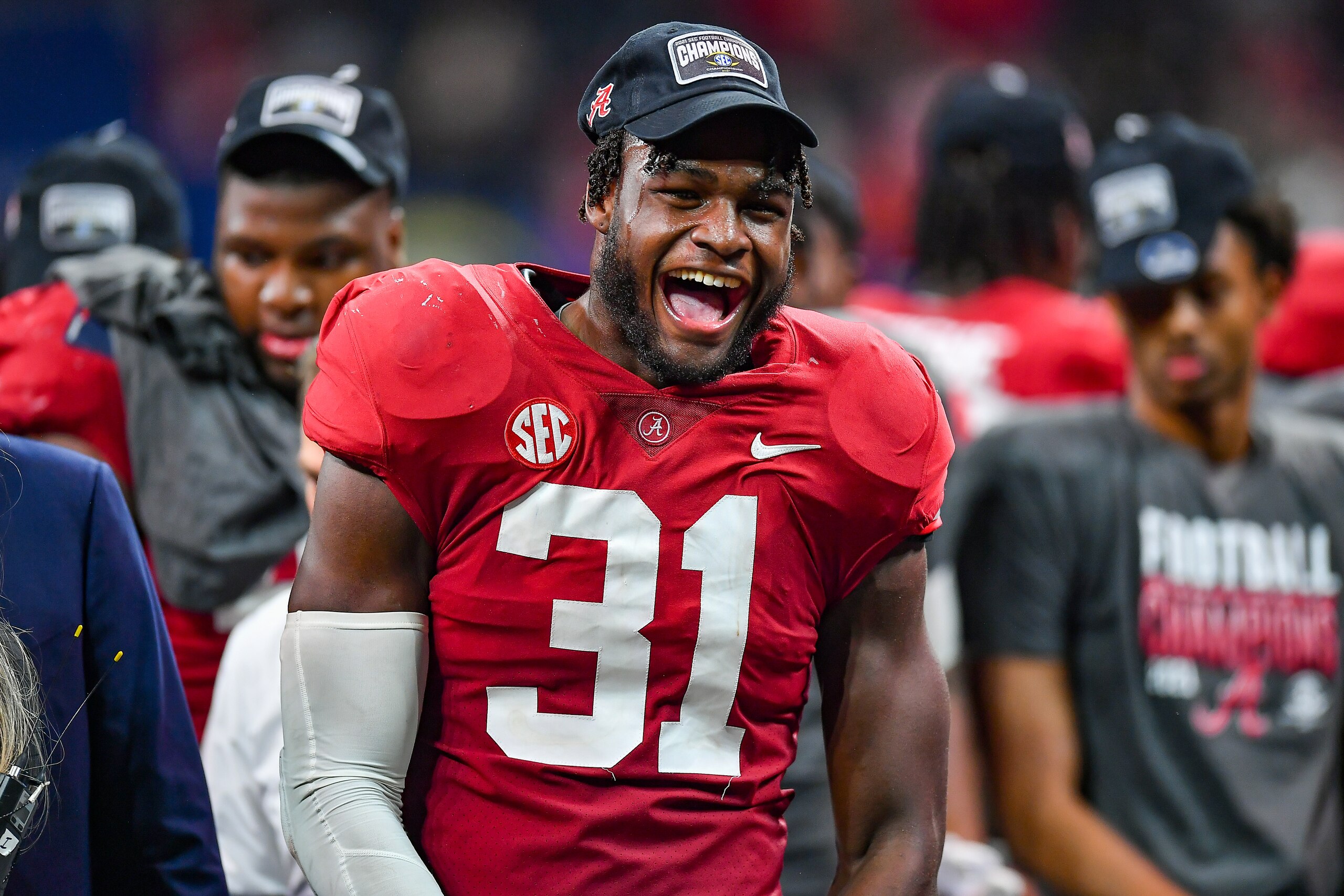 ATLANTA, GA  DECEMBER 04:  Alabama linebacker Will Anderson Jr. (31) reacts following the conclusion of the SEC Championship college football game between the Alabama Crimson Tide and Georgia Bulldogs on December 4th, 2021 at Mercedes Benz Stadium in Atla