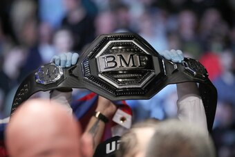 JACKSONVILLE, FL - APRIL 25: The BMF belt of Jorge Masvidal of the United States is seen during walkouts for his fight against Kamaru Usman of Nigera during the Welterweight Title bout of UFC 261 at VyStar Veterans Memorial Arena on April 25, 2021 in Jack