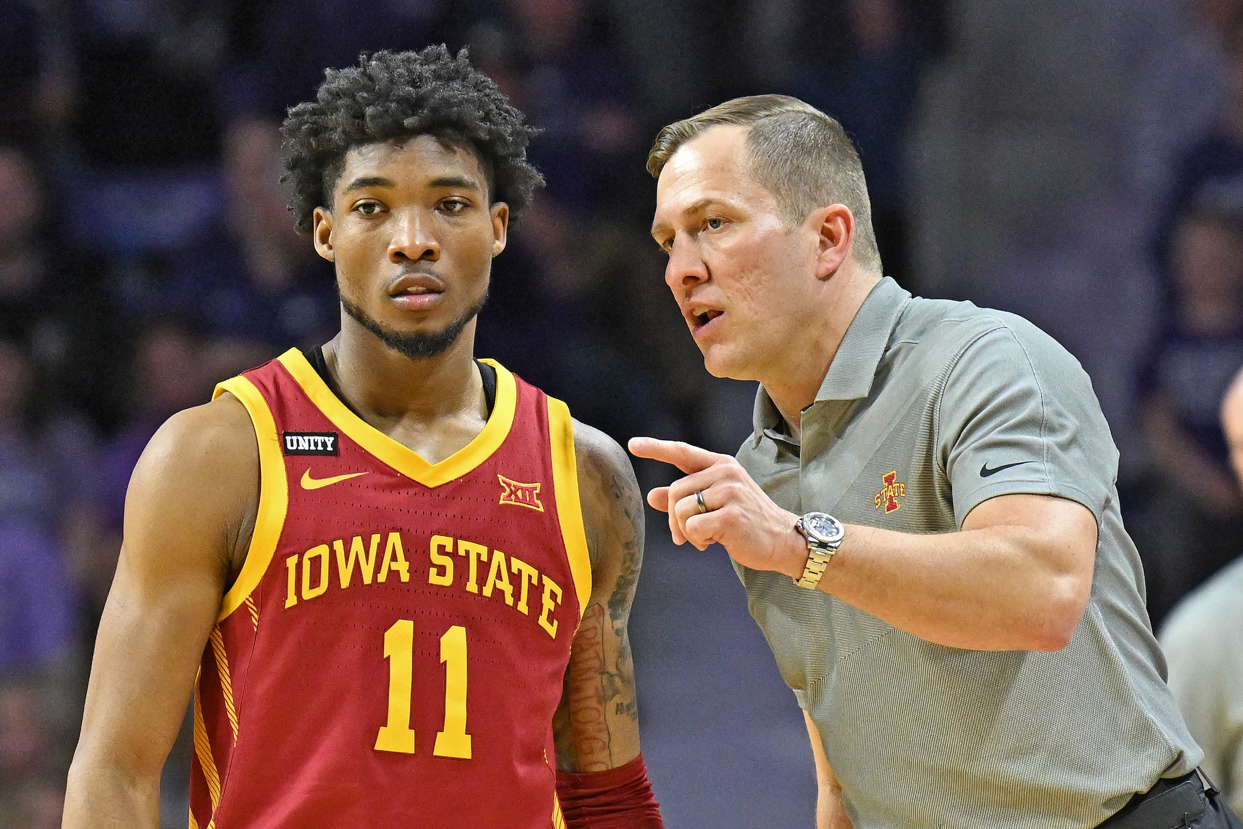 MANHATTAN, KS - FEBRUARY 26:  Head coach TJ Otzelberger of the Iowa State Cyclones instructs Tyrese Hunter #11 during the second half against the Kansas State Wildcats at Bramlage Coliseum on February 26, 2022 in Manhattan, Kansas.  (Photo by Peter G. Aik