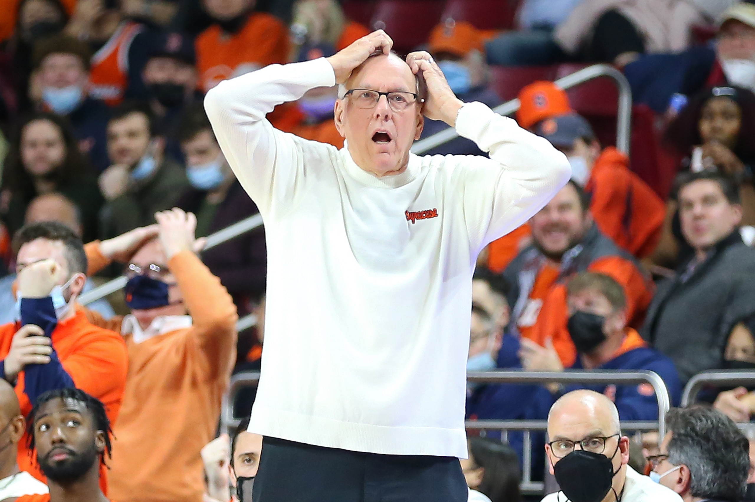 CHESTNUT HILL, MA - FEBRUARY 08: Syracuse Orange head coach Jim Boeheim reacts during a college basketball game between Syracuse Orange and Boston College Eagles on February 8, 2022, at Conte Forum in Chestnut Hill, MA. (Photo by M. Anthony Nesmith/Icon S