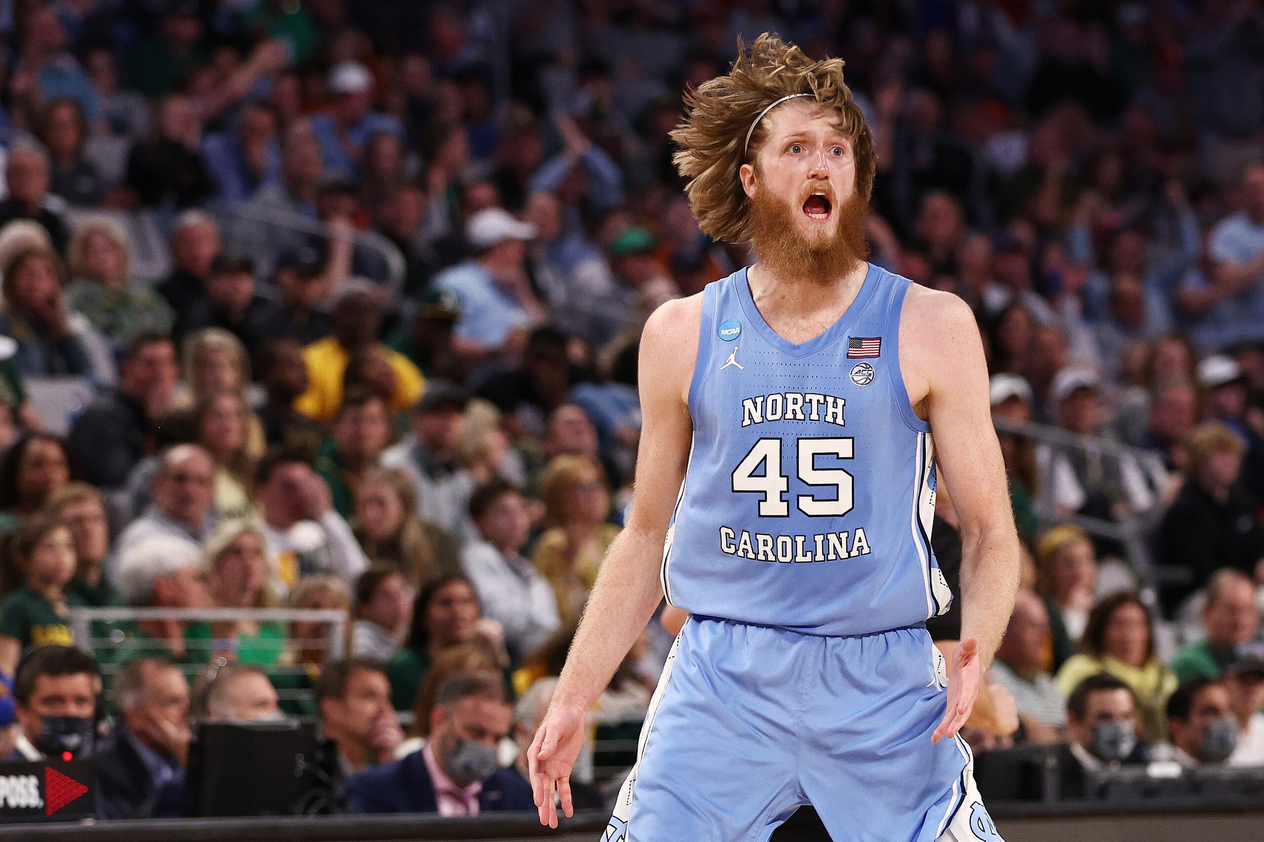 FORT WORTH, TEXAS - MARCH 19: Brady Manek #45 of the North Carolina Tar Heels reacts in the second half of the game against the Baylor Bears during the second round of the 2022 NCAA Men's Basketball Tournament at Dickies Arena on March 19, 2022 in Fort Wo FORT WORTH, TEXAS - MARCH 19: Brady Manek #45 of the North Carolina Tar Heels reacts in the second half of the game against the Baylor Bears during the second round of the 2022 NCAA Men's Basketball Tournament at Dickies Arena on March 19, 2022 in Fort Wo