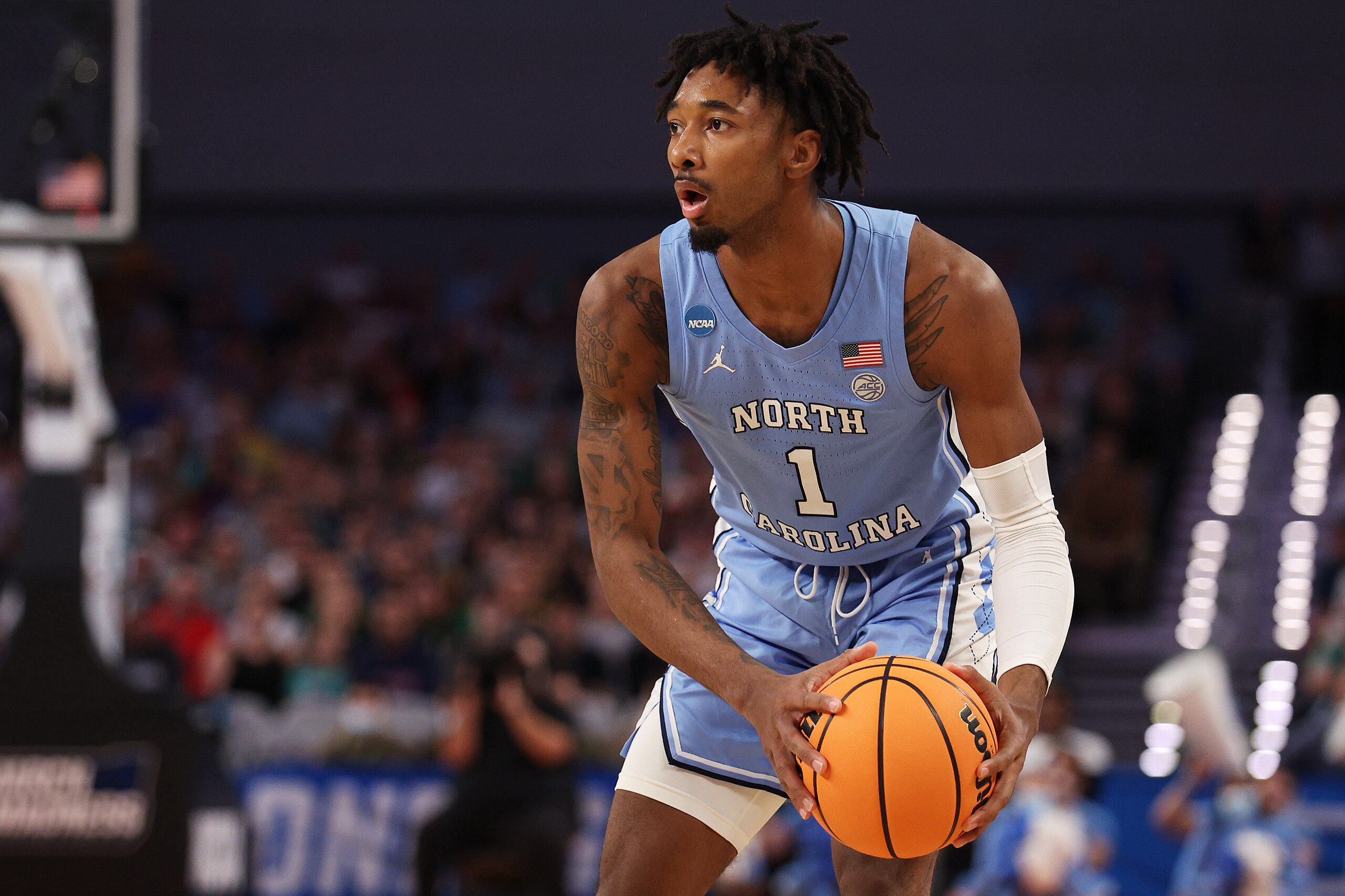 FORT WORTH, TEXAS - MARCH 19: Leaky Black #1 of the North Carolina Tar Heels looks to pass the ball in the first half of the game against the Baylor Bears during the second round of the 2022 NCAA Men's Basketball Tournament at Dickies Arena on March 19, 2 FORT WORTH, TEXAS - MARCH 19: Leaky Black #1 of the North Carolina Tar Heels looks to pass the ball in the first half of the game against the Baylor Bears during the second round of the 2022 NCAA Men's Basketball Tournament at Dickies Arena on March 19, 2