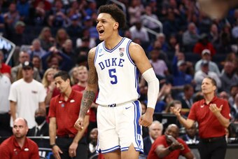 SAN FRANCISCO, CALIFORNIA - MARCH 26: Paolo Banchero #5 of the Duke Blue Devils celebrates after a play during the first half against the Arkansas Razorbacks in the NCAA Men's Basketball Tournament Elite 8 Round at Chase Center on March 26, 2022 in San Fr