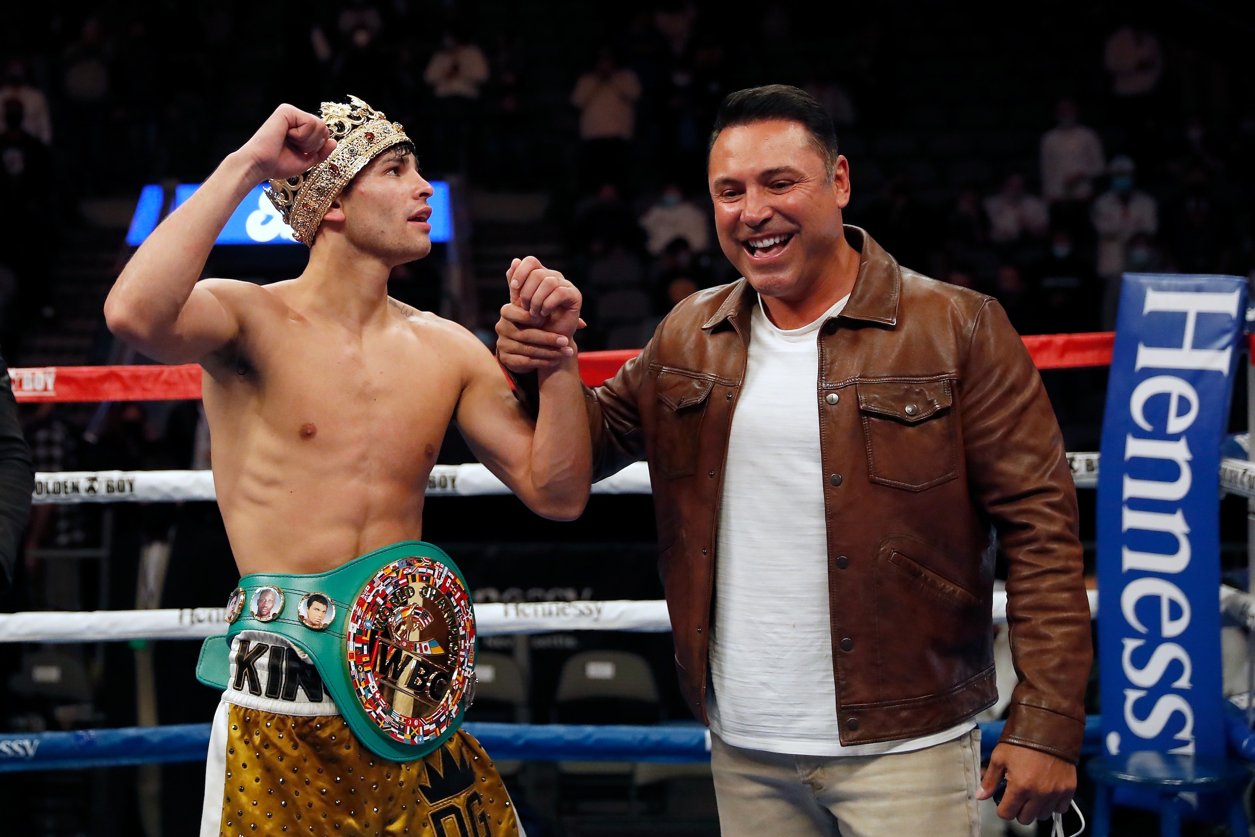 DALLAS, TEXAS - JANUARY 02: Ryan Garcia is congratulated by Oscar De La Hoya after the WBC Interim Lightweight Title fight against Luke Campbell at American Airlines Center on January 02, 2021 in Dallas, Texas. (Photo by Tim Warner/Getty Images) DALLAS, TEXAS - JANUARY 02: Ryan Garcia is congratulated by Oscar De La Hoya after the WBC Interim Lightweight Title fight against Luke Campbell at American Airlines Center on January 02, 2021 in Dallas, Texas. (Photo by Tim Warner/Getty Images)