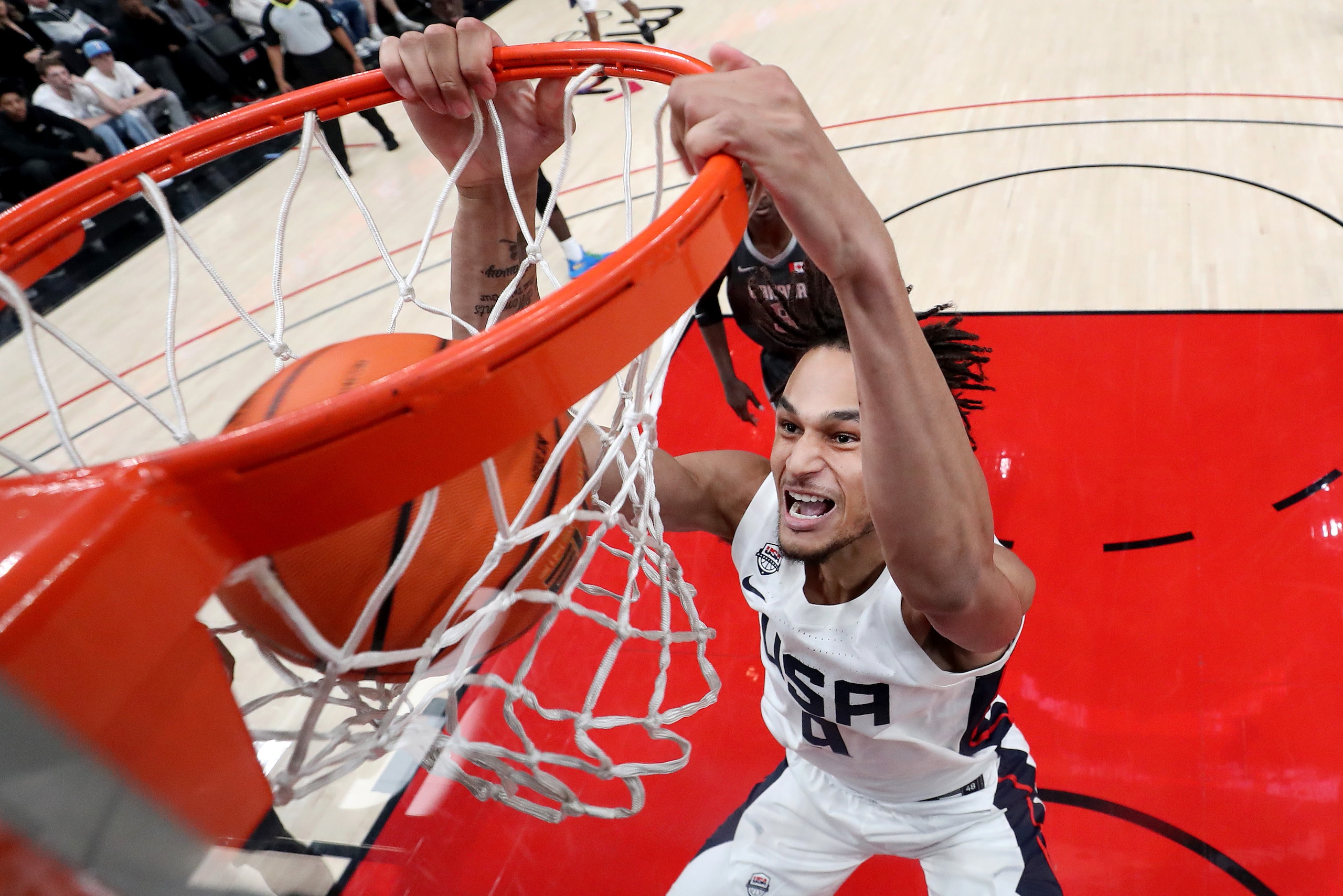 PORTLAND, OREGON - APRIL 08: Dereck Lively II #9 of USA Team dunks during the second half against World Team in the Nike Hoop Summit at Moda Center on April 08, 2022 in Portland, Oregon. (Photo by Steph Chambers/Getty Images)