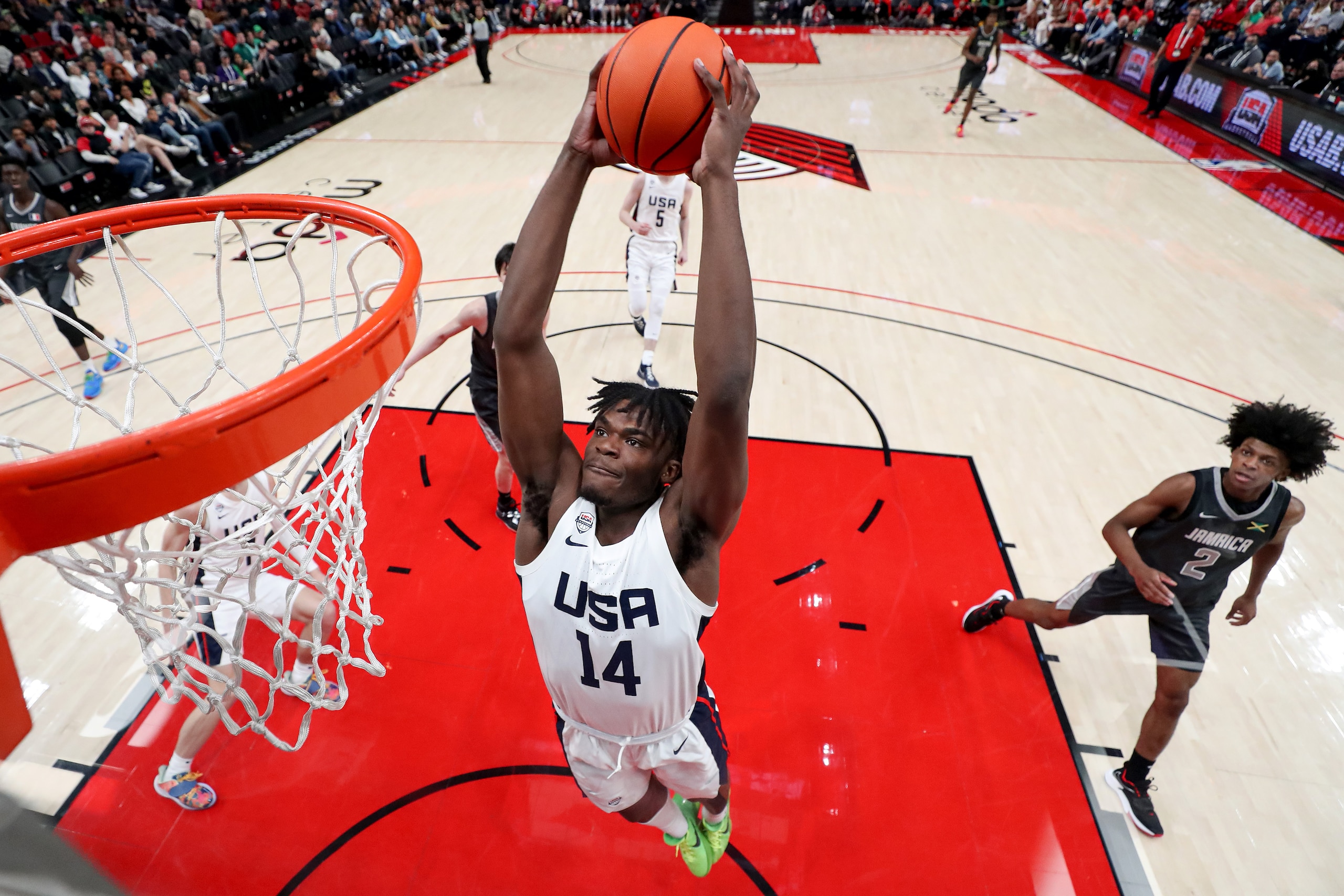 PORTLAND, OREGON - APRIL 08: Jarace Walker #14 of USA Team dunks during the second half against World Team in the Nike Hoop Summit at Moda Center on April 08, 2022 in Portland, Oregon. (Photo by Steph Chambers/Getty Images)