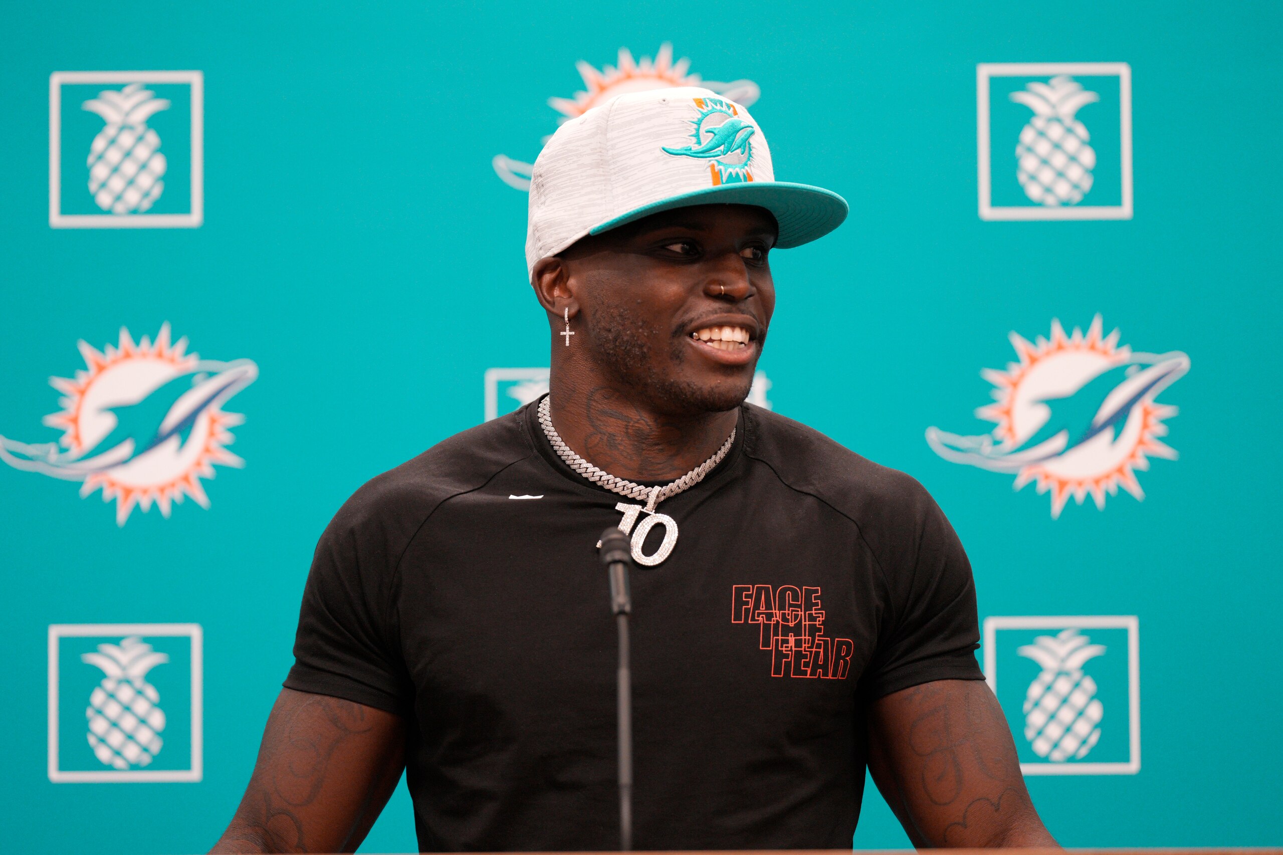MIAMI GARDENS, FLORIDA - MARCH 24: Tyreek Hill speaks with the media after being introduced by the Miami Dolphins at Baptist Health Training Complex on March 24, 2022 in Miami Gardens, Florida. (Photo by Mark Brown/Getty Images)