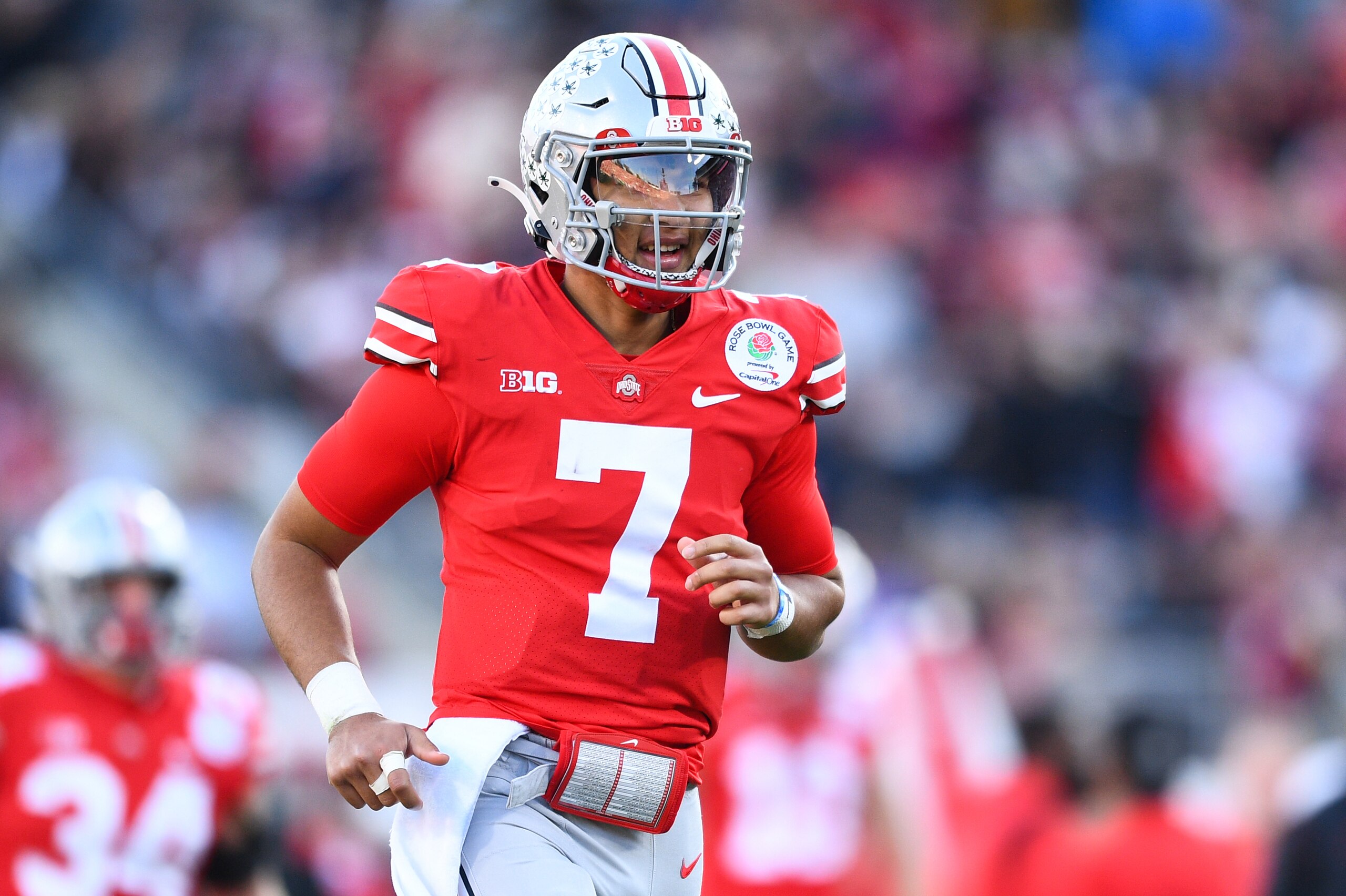PASADENA, CA - JANUARY 01: Ohio State Buckeyes quarterback C.J. Stroud (7) celebrates after a touchdown during the Rose Bowl game between the Ohio State Buckeyes and the Utah Utes on January 1, 2022 at the Rose Bowl in Pasadena, CA. (Photo by Brian Rothmu