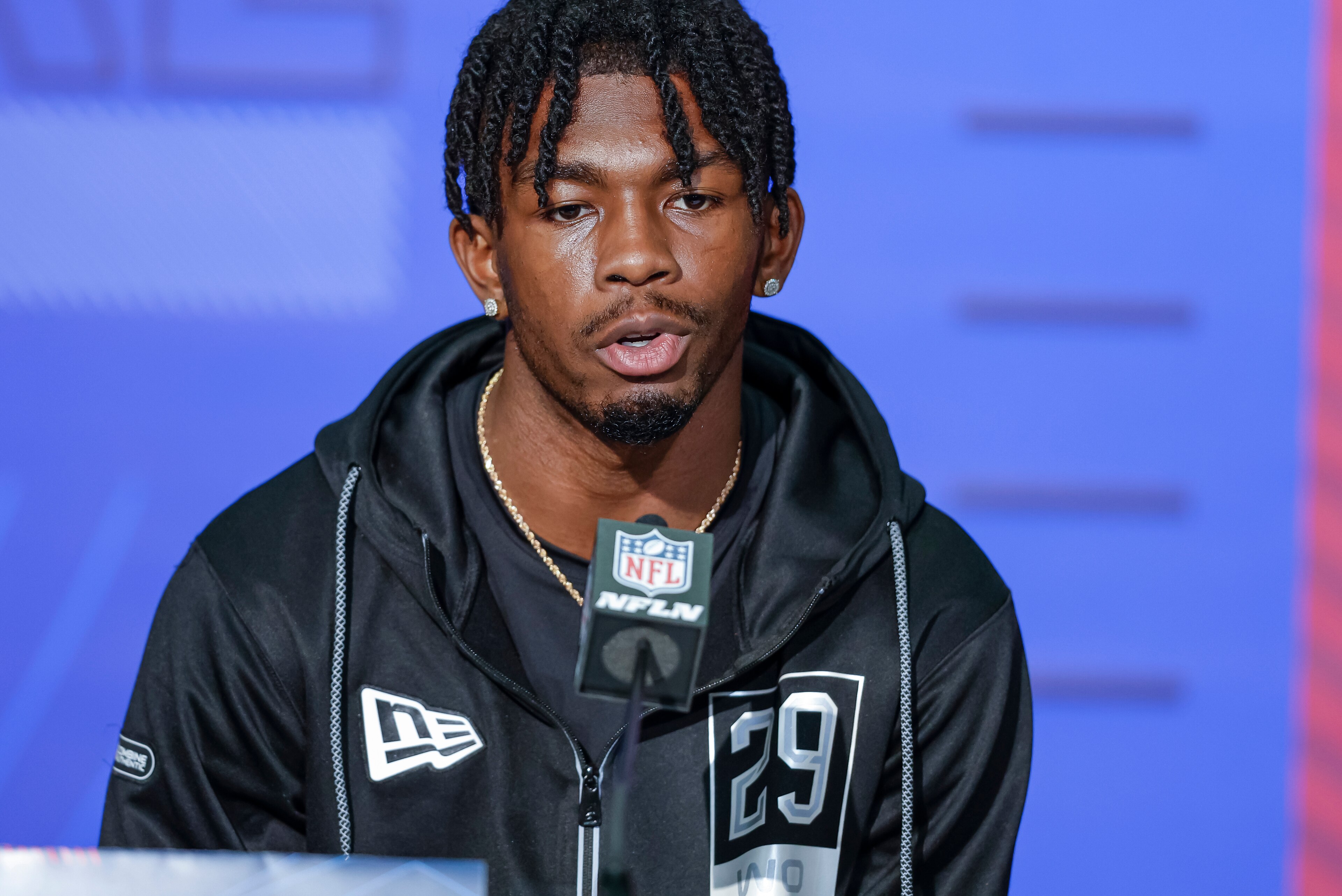 INDIANAPOLIS, IN - MAR 02: Justyn Ross #WO29 of the Clemson Tigers speaks to reporters during the NFL Draft Combine at the Indiana Convention Center on March 2, 2022 in Indianapolis, Indiana. (Photo by Michael Hickey/Getty Images) INDIANAPOLIS, IN - MAR 02: Justyn Ross #WO29 of the Clemson Tigers speaks to reporters during the NFL Draft Combine at the Indiana Convention Center on March 2, 2022 in Indianapolis, Indiana. (Photo by Michael Hickey/Getty Images)